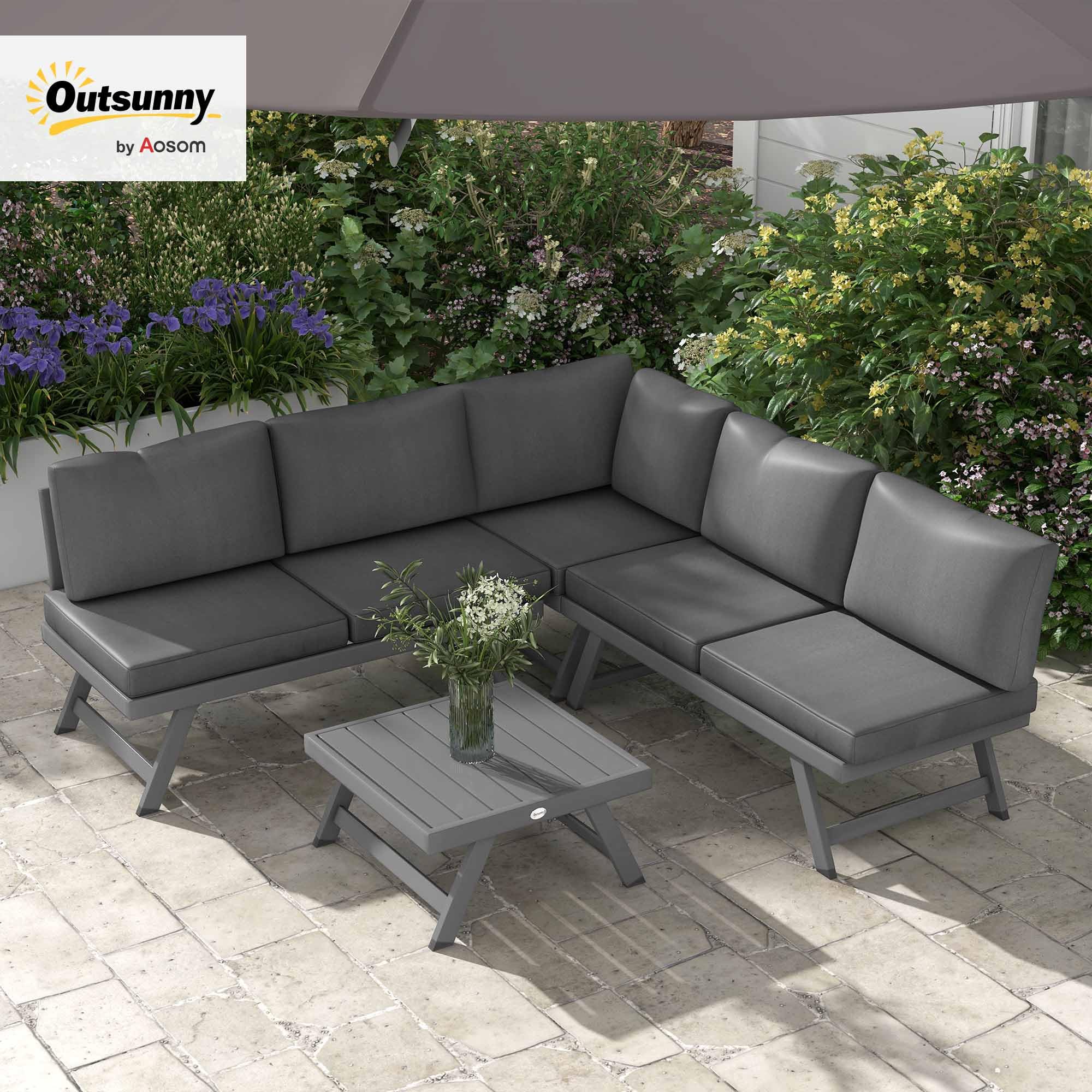 Outsunny Salon de Jardin Extérieur d'angle Convertible 4 Pièces Gris | 2 Banquettes, 1 Fauteuil, 1 Table Basse, Mobilier Aluminium et Acier, Terrasse Balcon