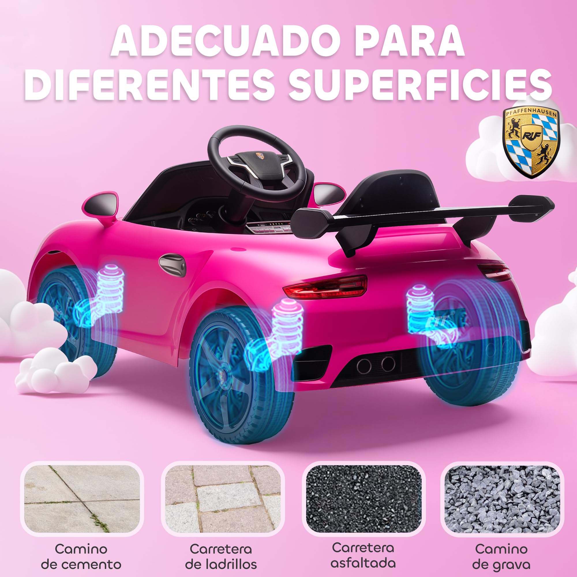 AIYAPLAY Coche Eléctrico para Niños con Licencia RUF CTR 3 Clubsport, Coche de Batería 12V, con Mando a Distancia 2,4 G, Motor Doble, Música Inalámbrica, Bocina, Ruedas Auxiliares y Faros LED, Rosa