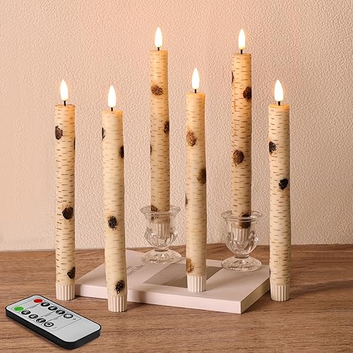 Velas cónicas de corteza de abedul sin llama para Navidad con control remoto, velas parpadeantes de madera con batería y LED, juego de 6 unidades