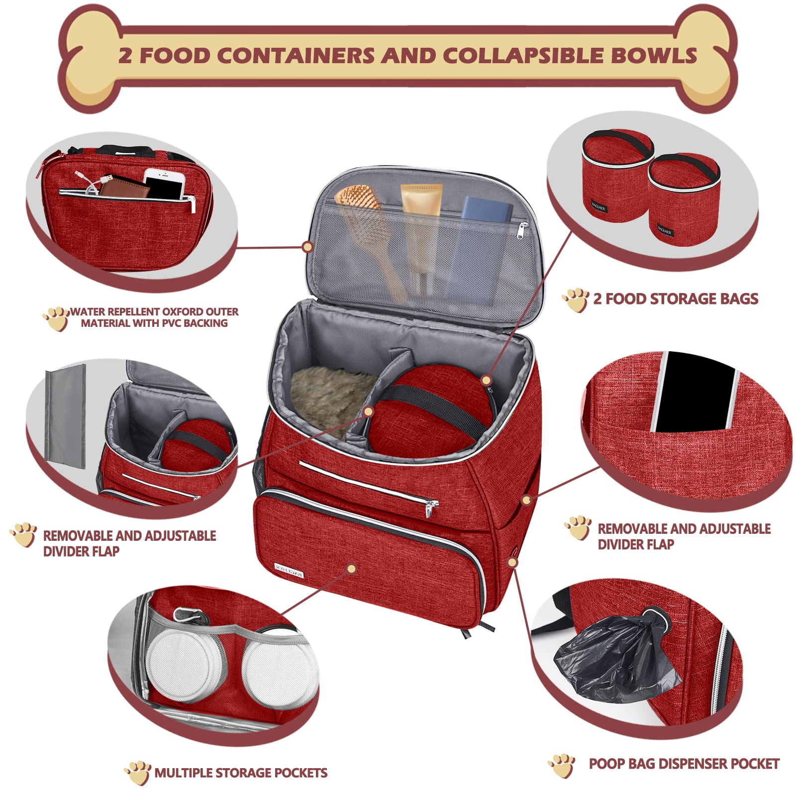 BAGLHER Sac à dos de voyage pour chien, approuvé par les compagnies aériennes, sac à dos de voyage pour chien avec 2 gamelles pliables en silicone et 2 paniers alimentaires (rouge)