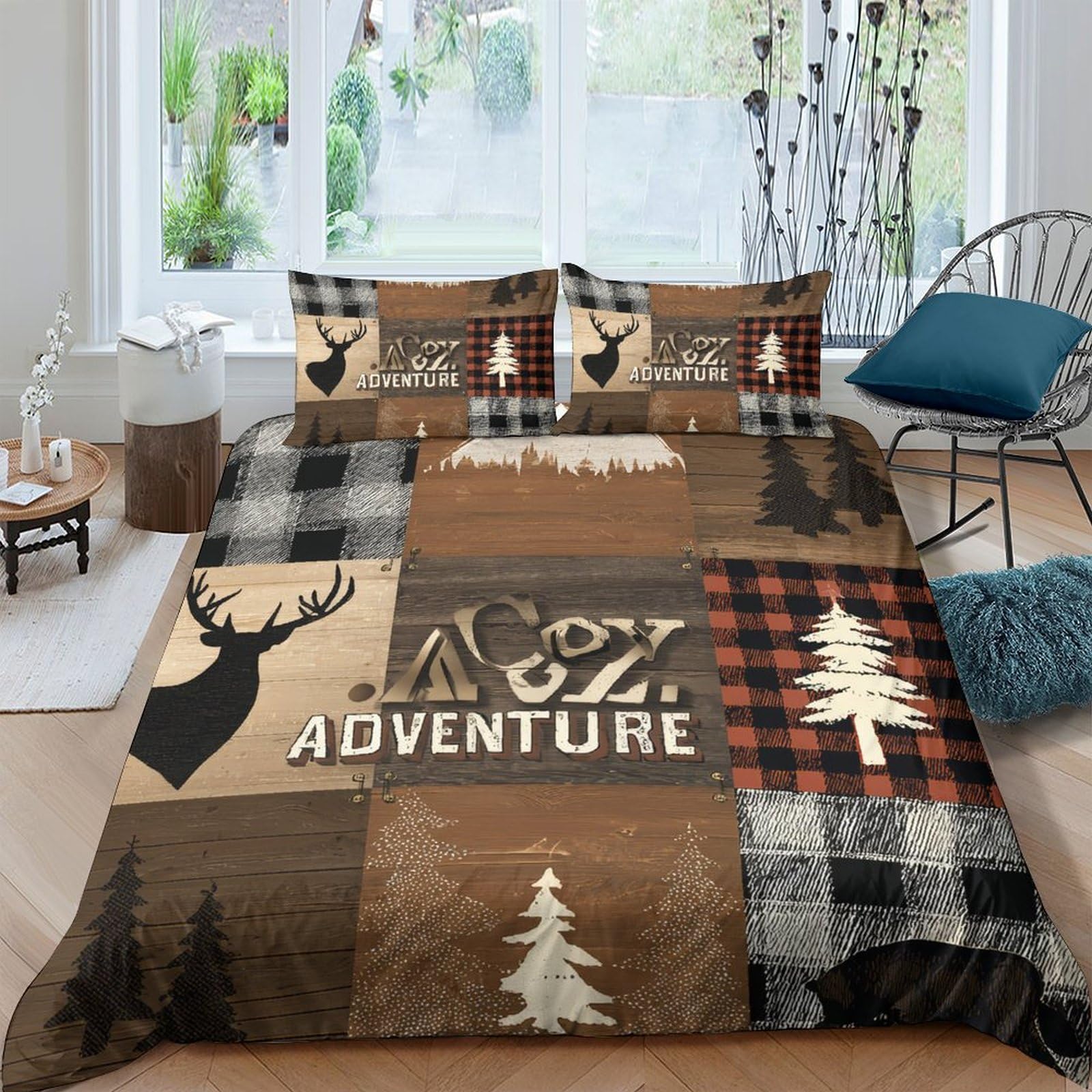 Ctjqhvkz Style-5 3D Printed Forest Adventure Fitted Sheet Microfiber Soft Brown Plaid Deer Tree Bed Cover For Bedroom Guest Room Decor Single（135X200cm）