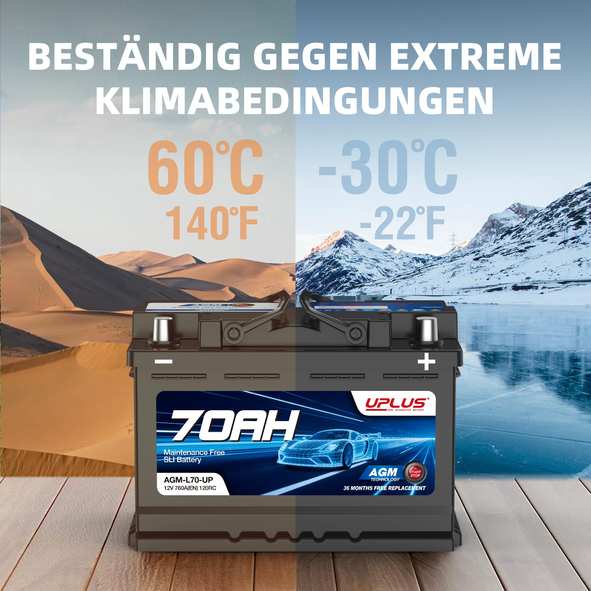 UPLUS 12V 70Ah 760A(EN) AGM Start-Stop Autobatterie AGM-L70-UP | Links: - Rechts: +, wartungsfrei, für Start-Stopp-Fahrzeuge. 278L×175B×190H(mm), vor Kauf Maße prüfen