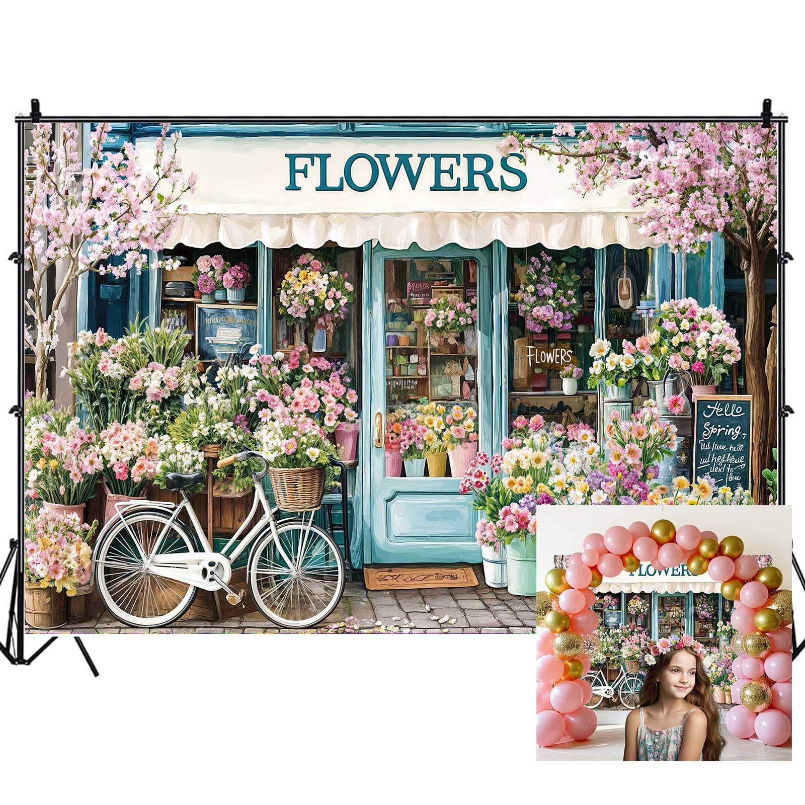 Spring Flowers Backdrops for Photoshoot, Flower Shops Pink Floral Wall Tea Party Picture Decorations Backdrop for Photography Decor Banner,