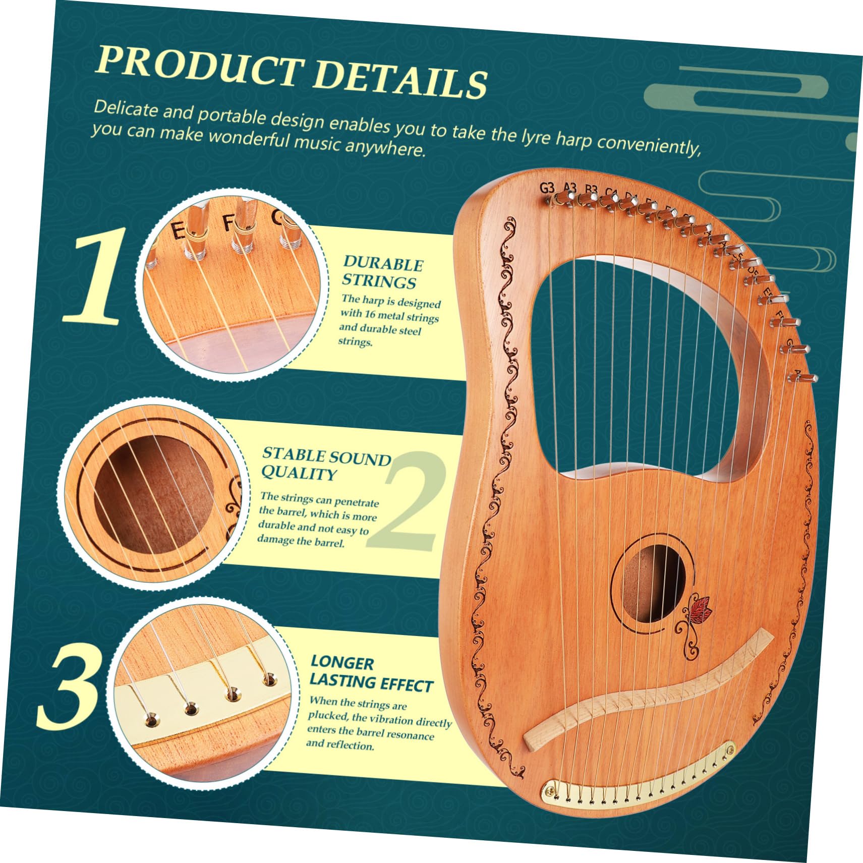 Yardwe Arpa De Lira De Madera Natural 16 Cuerdas Para Principiantes, Instrumento Musical Portátil Seguro Bordes Redondeados, Adecuado Para Niños y Amantes Música