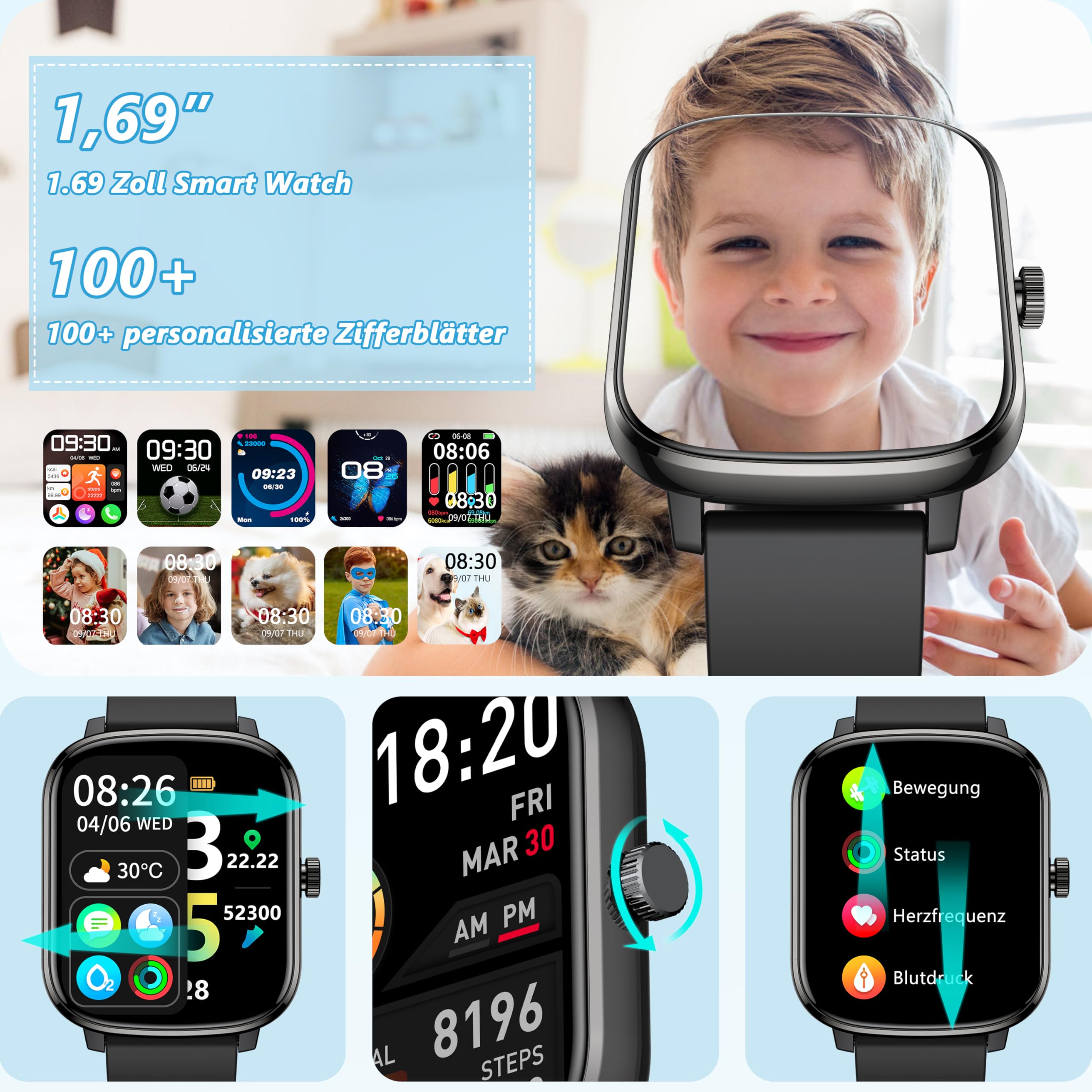 KALINCO Smartwatch für Kinder Jungen Herren, 110+ Sportmodus Schrittzähler, 1.69” Anrufbenachrichtigung/Nachrichtenalarm, Herzfrequenz/Blutdruck/Schlafüberwachung, Geschenkuhr für Android/iOS