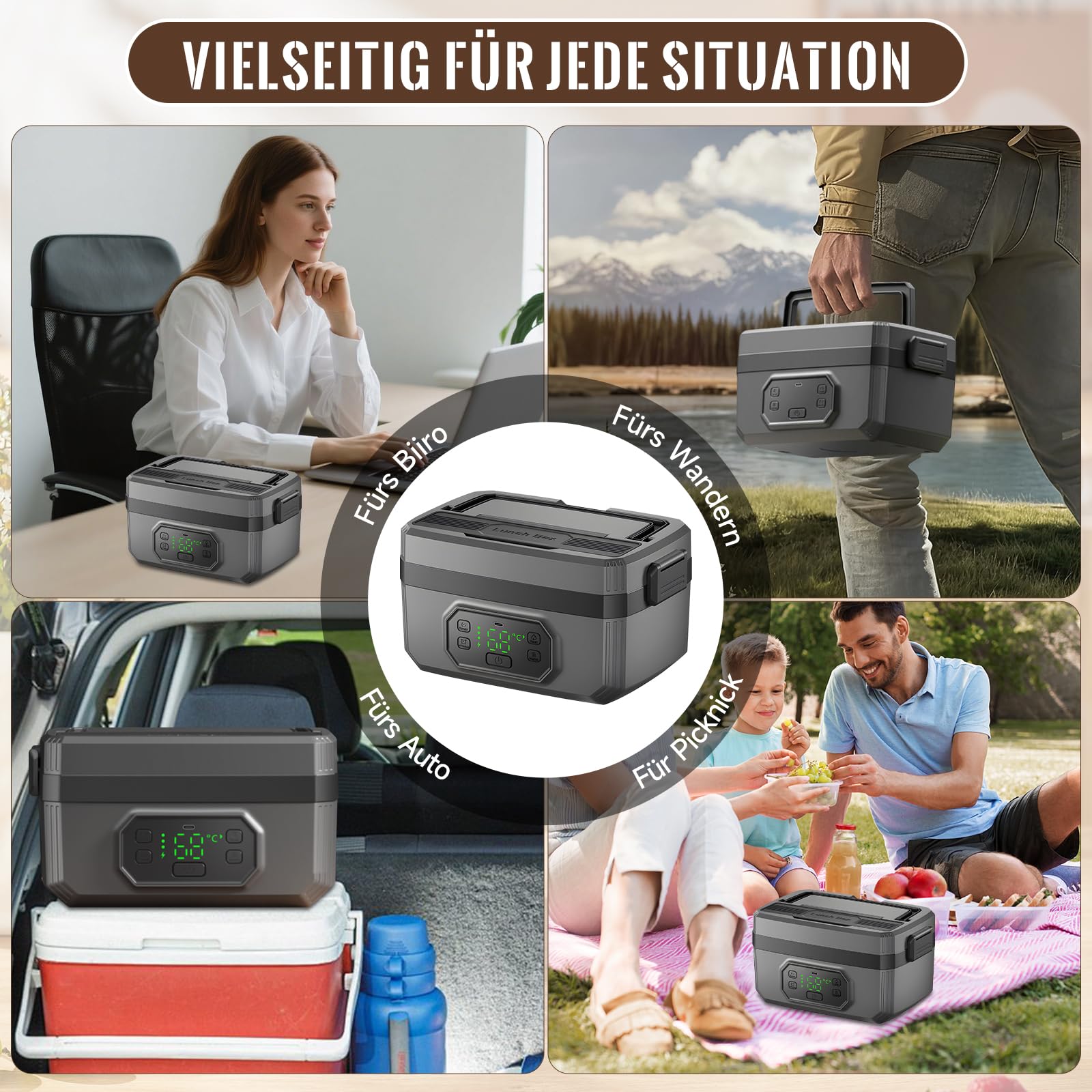 Elektrische Lunchbox 1,6 L 24000 mAh, herausnehmbar 304 Edelstahl-Behälter & Fächer, doppelter Auslaufschutz, Brotdose mit Zeitplanung & Terminfunktion, Typ-C Schnellladung, Isoliertasche Gabel Löffel