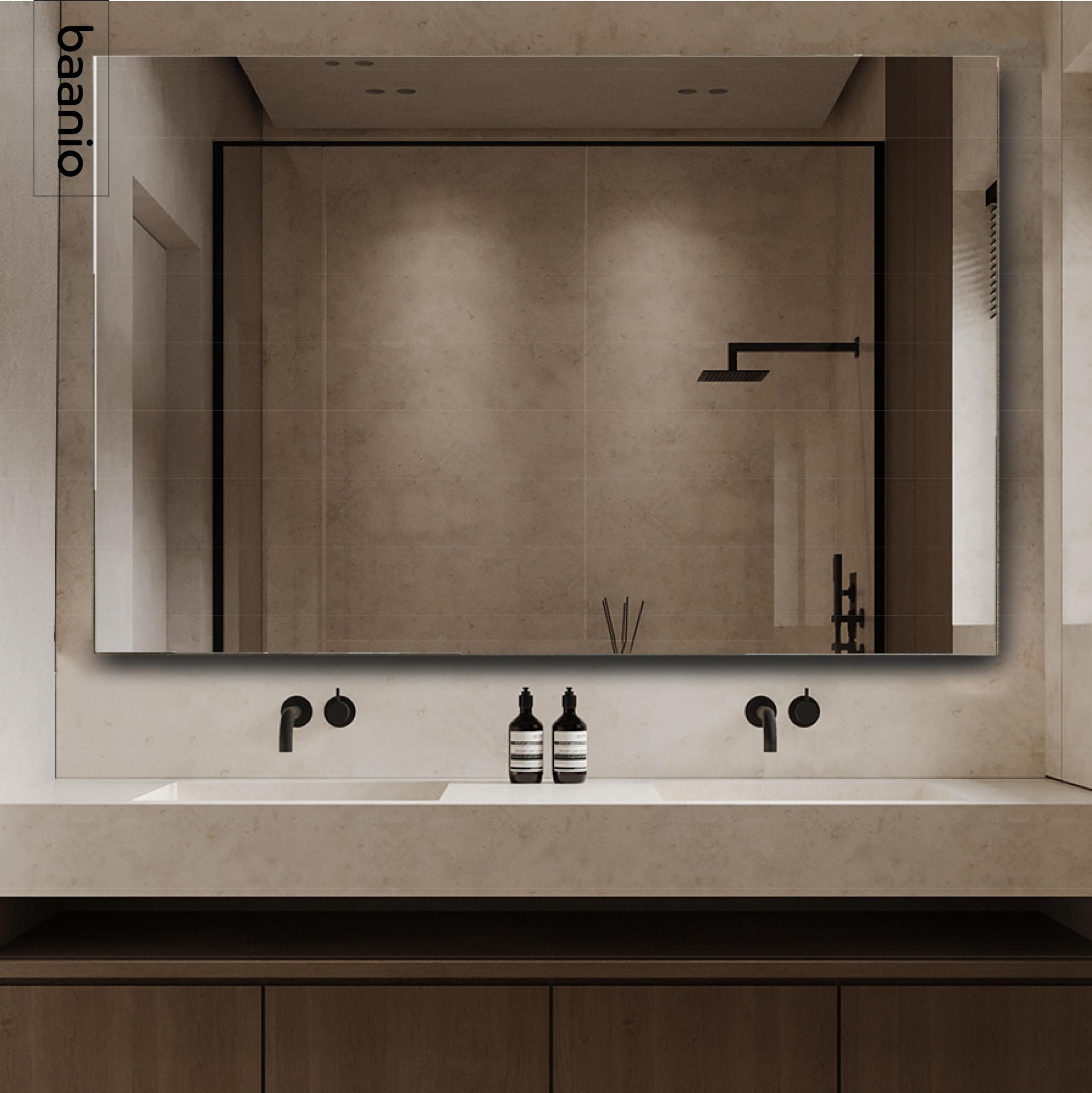 baanio – Espejo de Baño 120x80 Pure ANTIVAHO | Rectangular, Sin Marco, Sin Luz | Fácil Instalación, para Colgar en Vertical y Horizontal | Alta Durabilidad | Espejo Sencillo, Vidrio Plata Ecológica