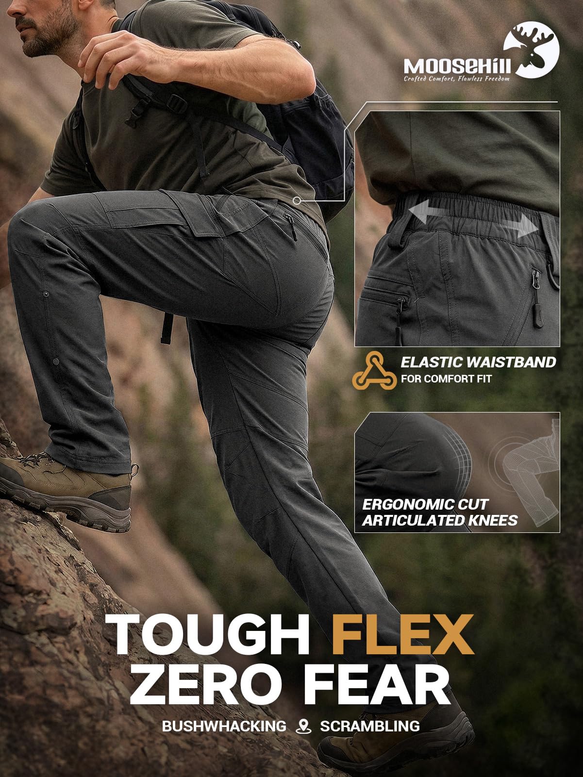 Moosehill Hiking Pants Men Breathable: Mesh Vents Lightweight Quick Dry Water Resistant Stretch 6 Pockets for Outdoor Hikers — view 7