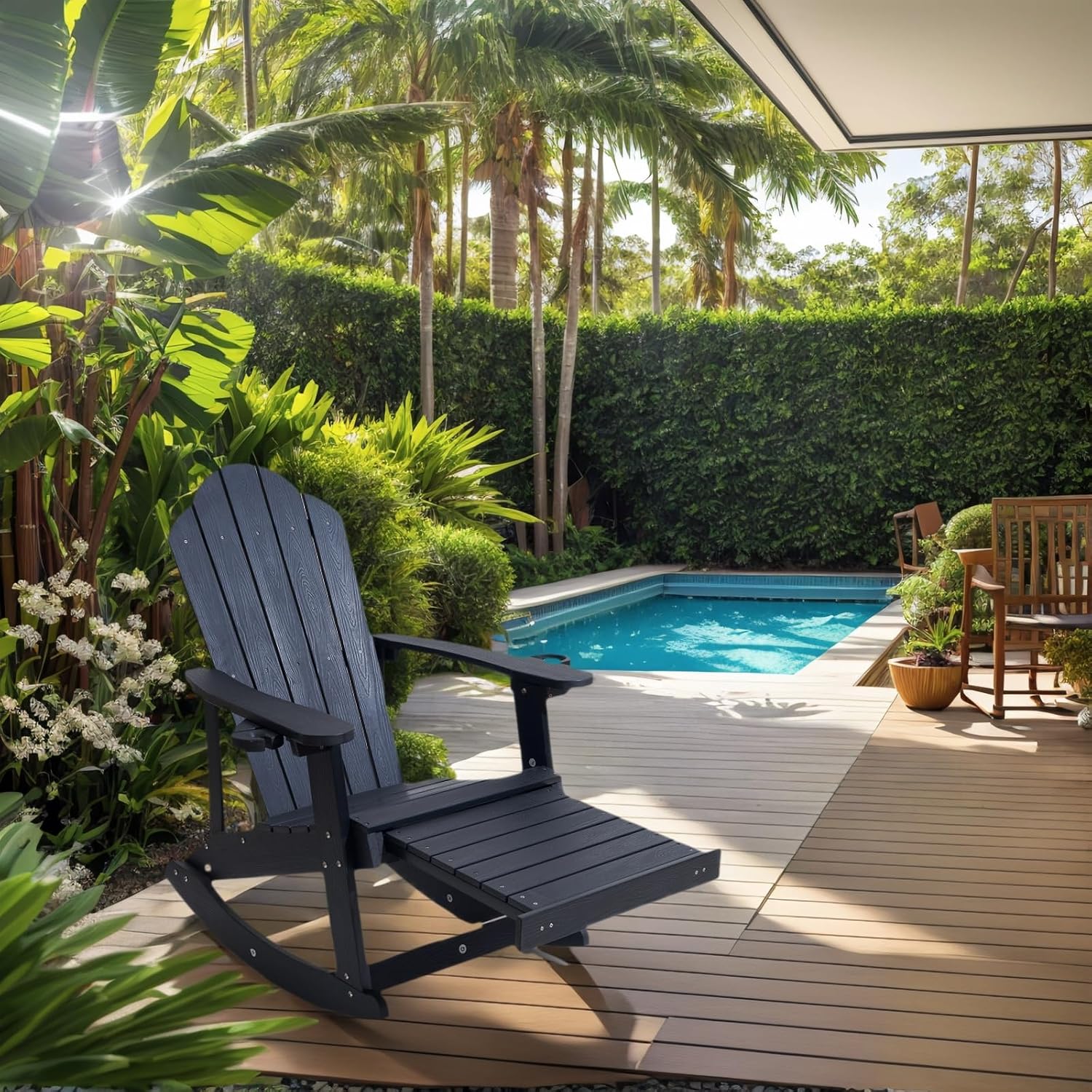 Adirondack Rocking Chair Set of 2, Weather-Resistant and Durable, with Cup Holder and Footstool，Outdoor Rocking Chair Suitable for Porch,Courtyard,Balcony, Corridor,Backyard，Black