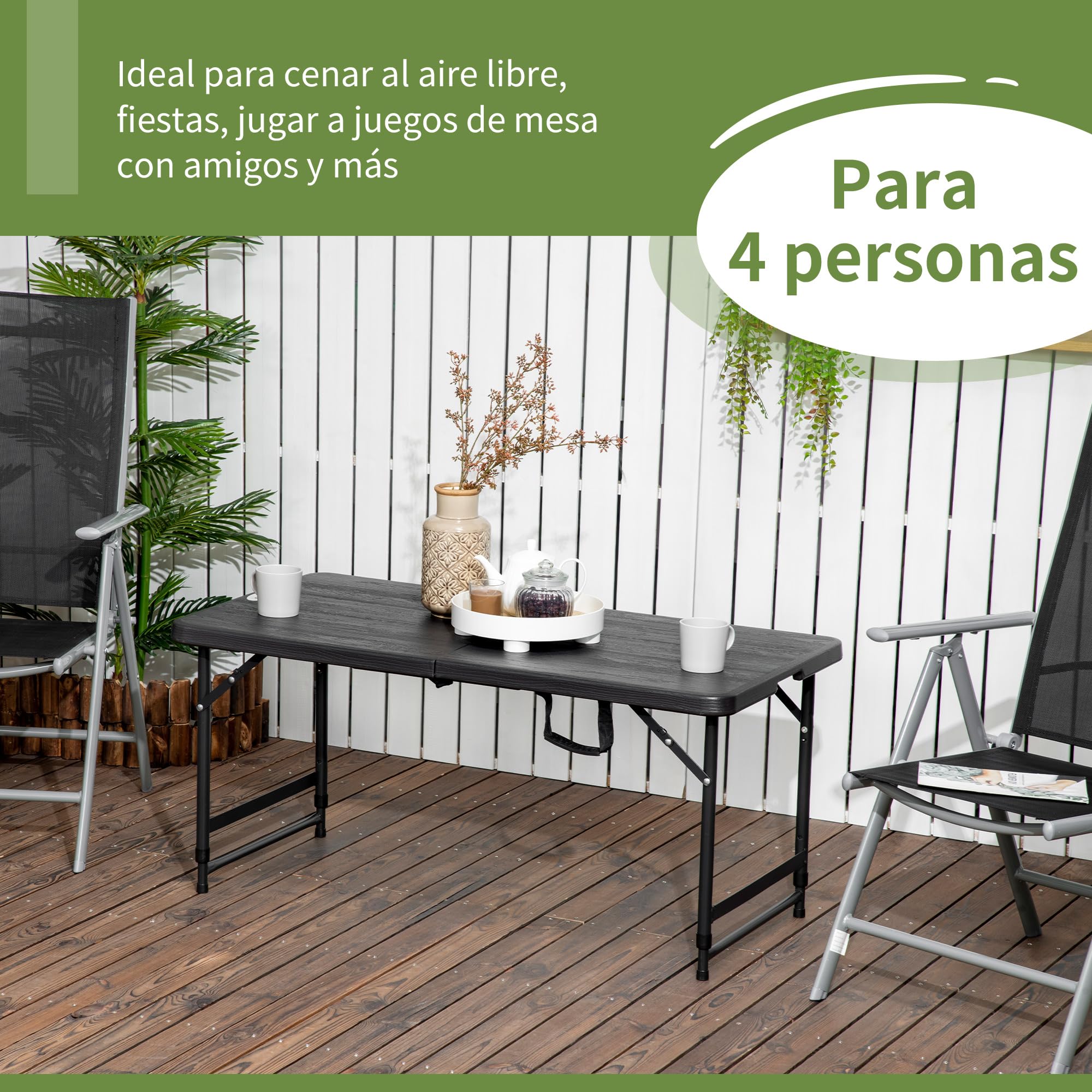 Outsunny Mesa de Jardín Rectangular Plegable 118x60x56-74 cm Gris Oscuro | Mesa de Comedor Exterior, para 4 Personas, Altura Ajustable, Marco de Acero, Patio Terraza Balcón