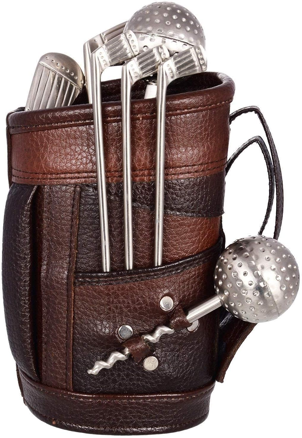 Golf Club Bar Tool Set with Leather-Style Bag | 7-Piece Stainless Steel Wine & Bar Accessories Kit – Includes Bottle Opener, Corkscrew, Pourer & Stirrers | Gift for Golf Lovers