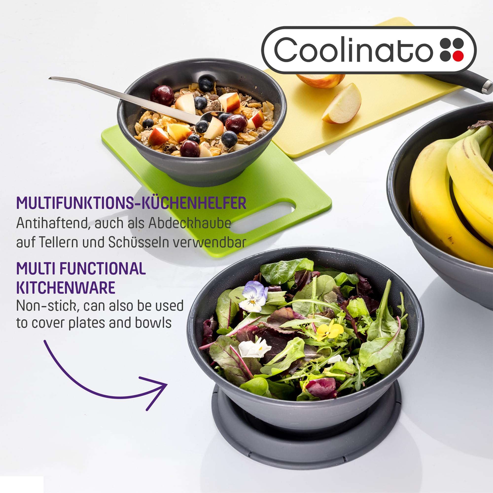 Coolinato Faltbare Schüssel aus Silikon, 16, 20 und 24 cm, grau, Faltschüssel zum Aufbewahren, Servieren und Frischhalten, Obst und Salat Schüssel für Küche und Camping