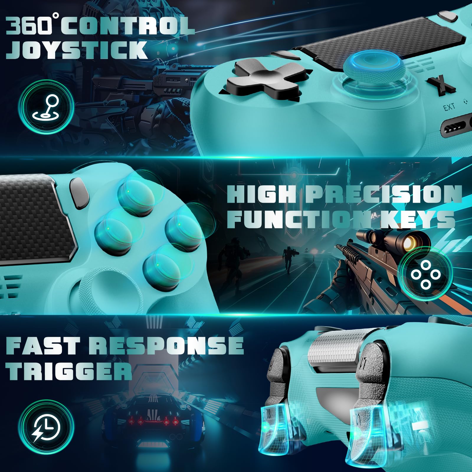 Glitfix Wireless Controller für PS-4, Game Controller kompatibel mit PS-4/Pro/Slim/PC Gamepad mit Turbo/Zurück Taste/Dual Vibration/6-Achsen Gyro Sensor/Touchpanel(Blau-grün)