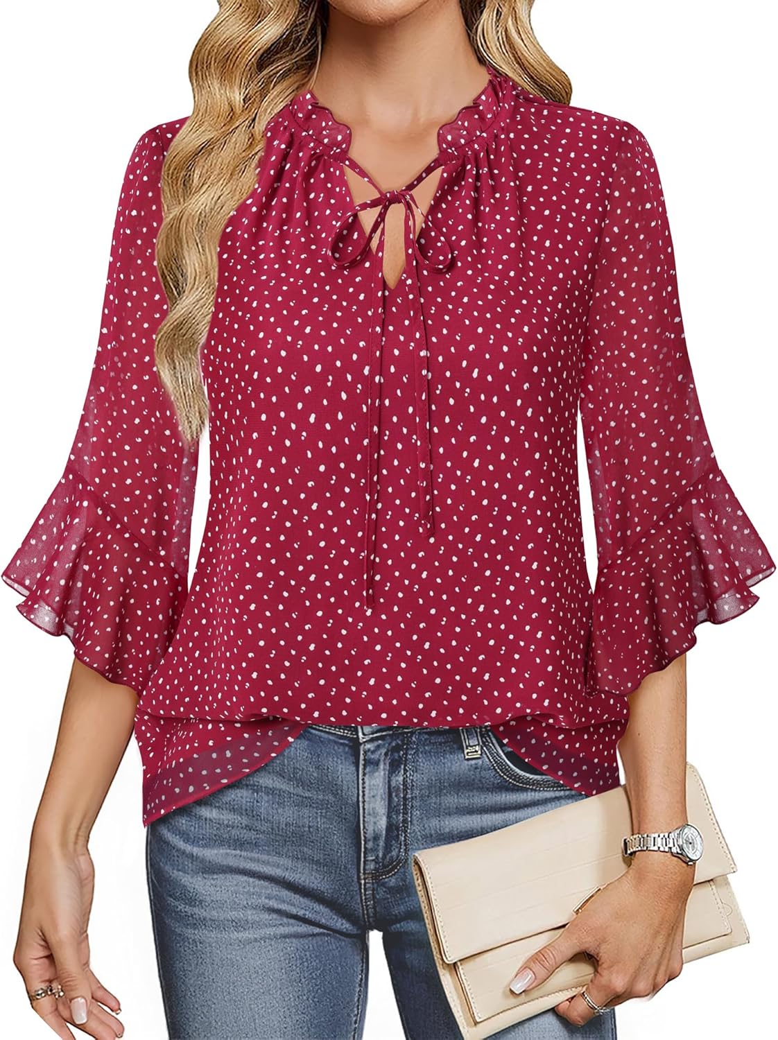 Lotusmile Women’s Dressy Casual or Work Business Blouses Trendy Ruffle Neck Shirts 3/4 Sleeve Chiffon Tops