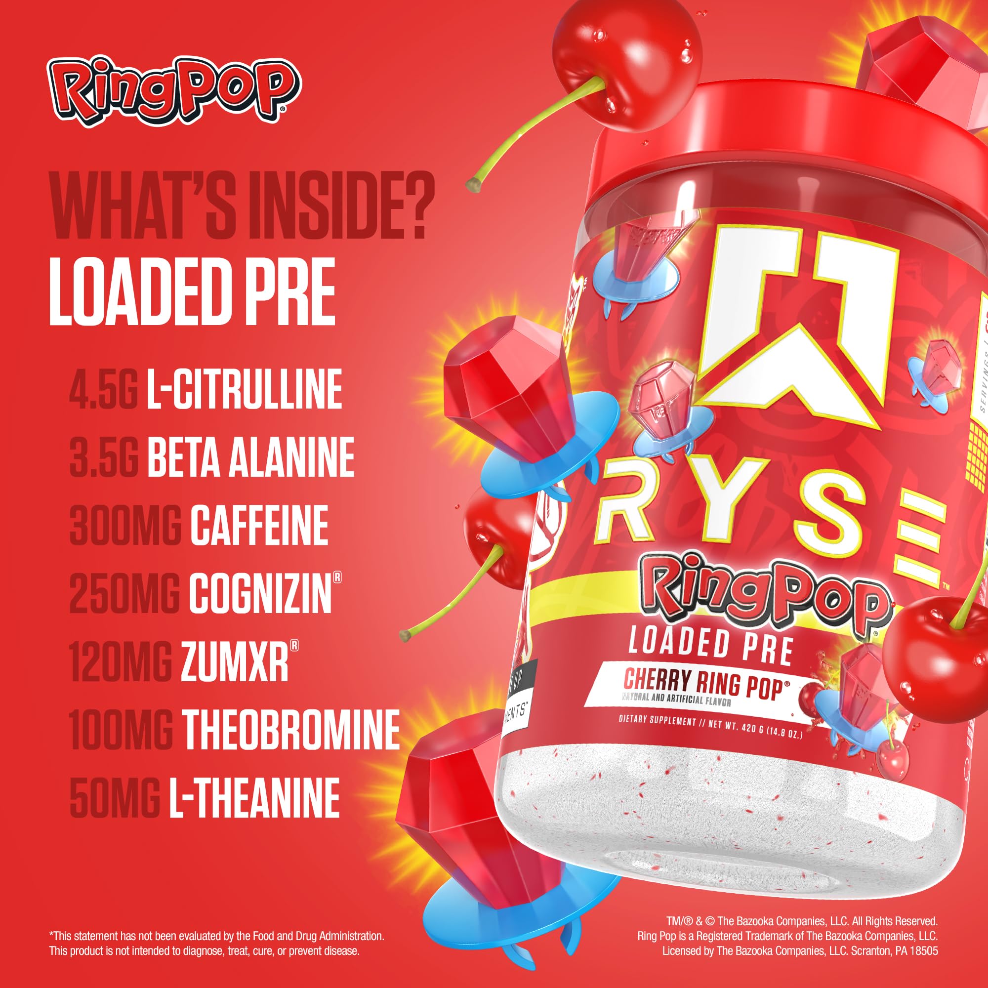 RYSE Loaded Pre Workout Powder - Ring Pop Cherry - Daily Pre-Workout for Men & Women with 325mg Caffeine, Beta Alanine, and Citrulline for Pump, Focus, and Energy - 30 Servings — Amazon image 4
