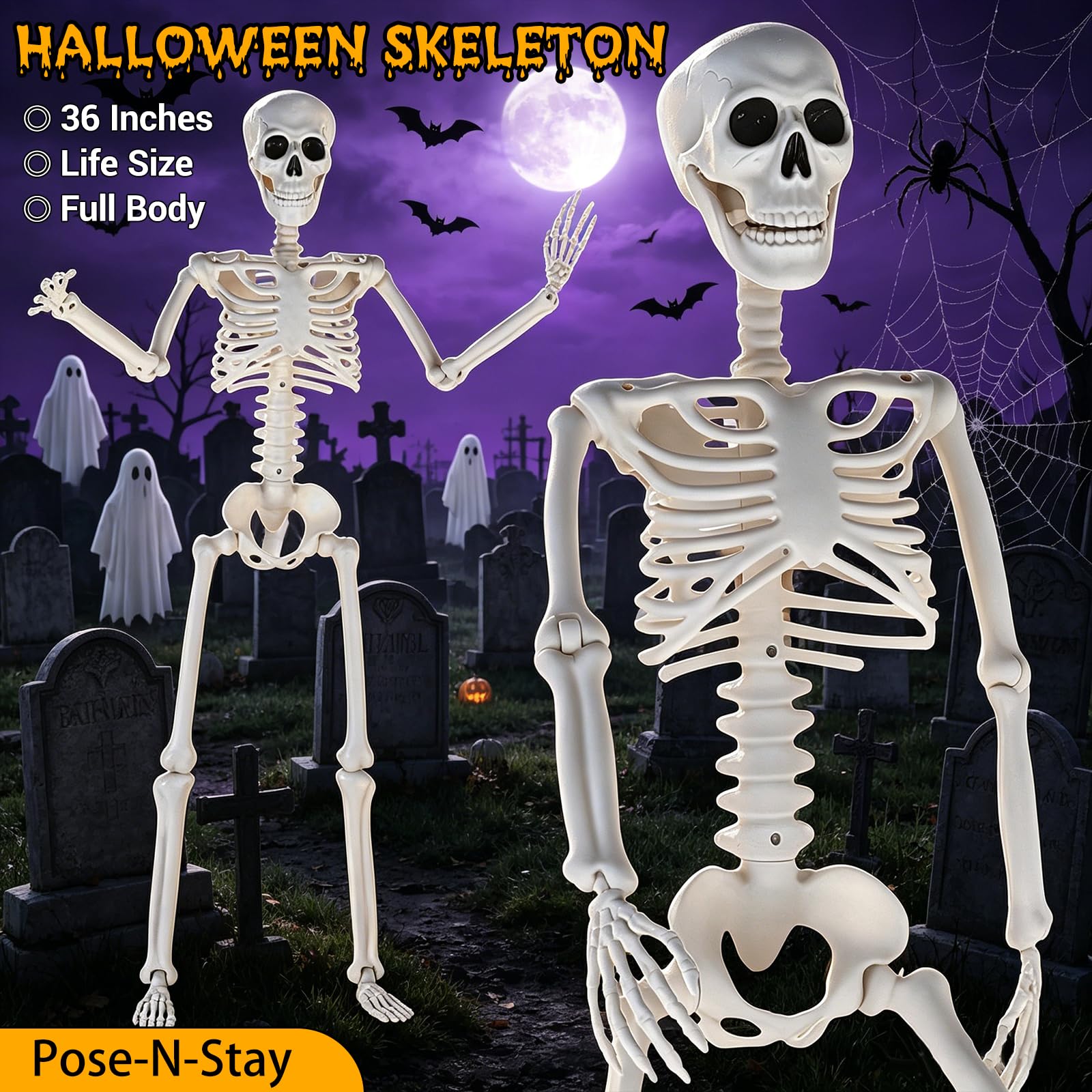 HBSTK 165 cm Pose-N-Stay Halloween scheletro a grandezza naturale Pose-N-Stay Jonint mobili mobili mobili con ragnatela elastica da 200 mq e 50 piccoli ragni finti per decorazioni di Halloween