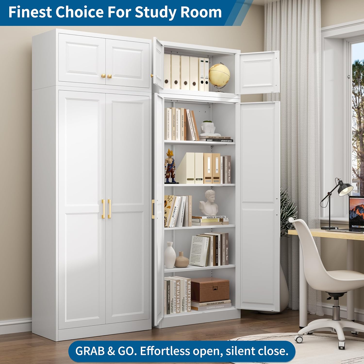 86" Tall Metal Kitchen Pantry Storage Cabinet with Doors and 4 Adjustable Shelves, Extra Large Heavy Duty Steel Storage Cabinet for Kitchen, Garage, Living Room, Pantry Cupboard, White (2 Packages)