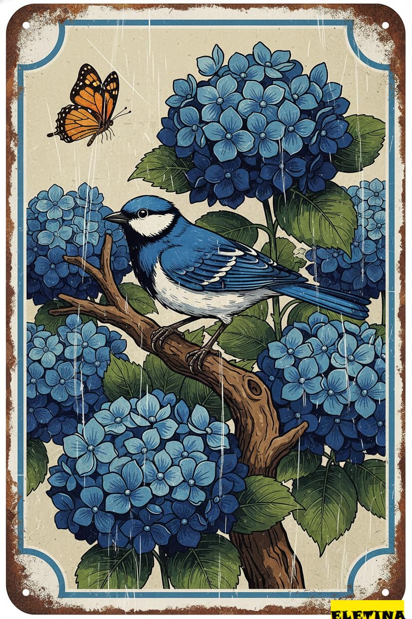 Flower And Bird Retro Wall Tin Sign, 8x12 Inch