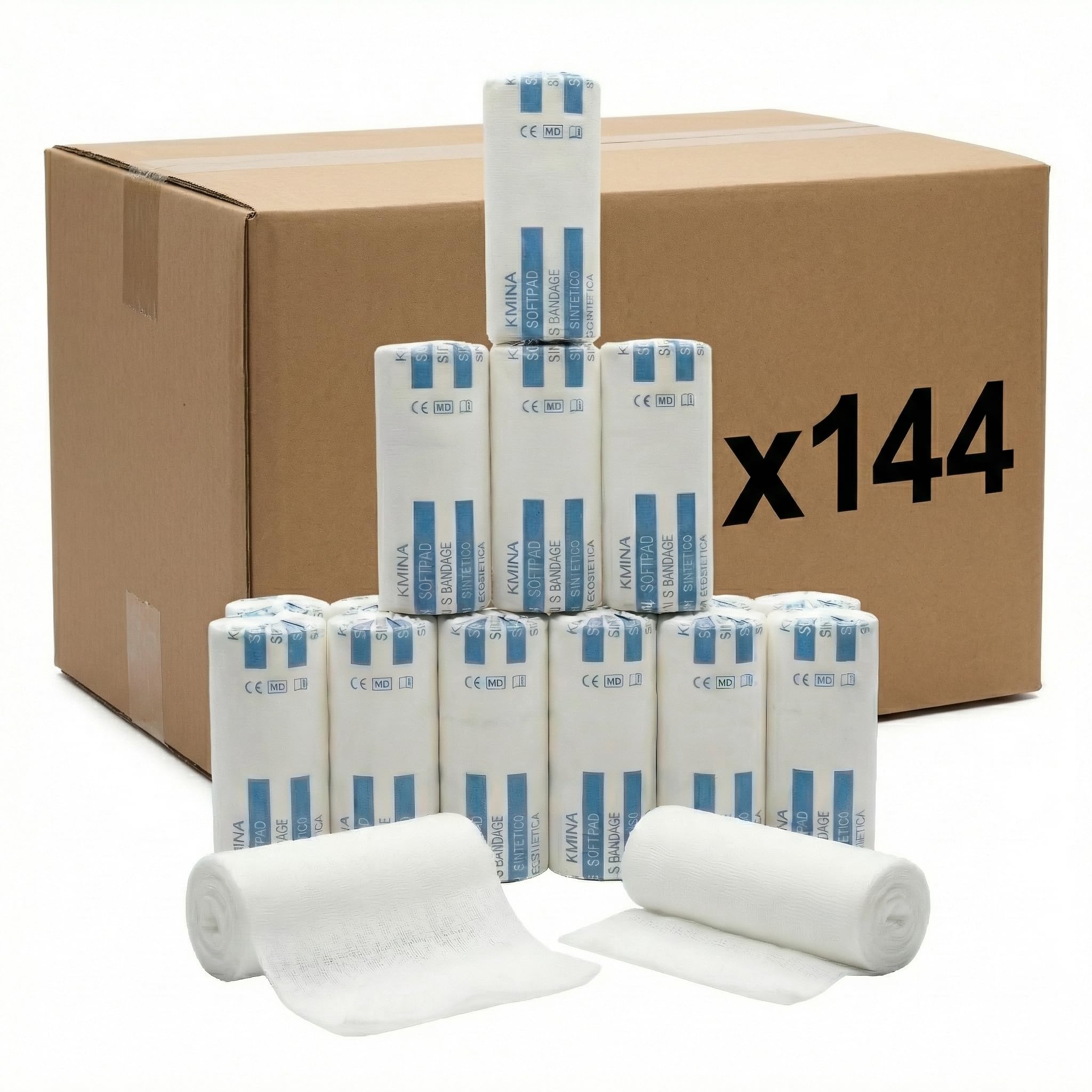 KMINA Benda di Imbottitura Sintetica (144 unità, 12 scatole da 12) 10 cm x 2,7 m, Imbottitura per Bendaggi Compressivi, Uso Clinico