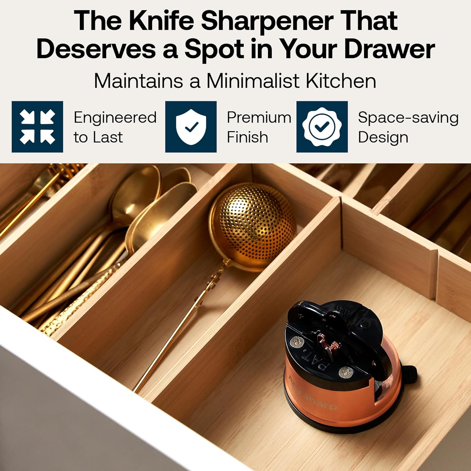 AnySharp – Chef – Hands Free Knife Sharpener - Easy to Use Sharpening Tool with PowerGrip Suction Base and 20-Degree Pre-Set Angle - for All Knives: Chef's, Serrated, and Hardened Steel - Copper