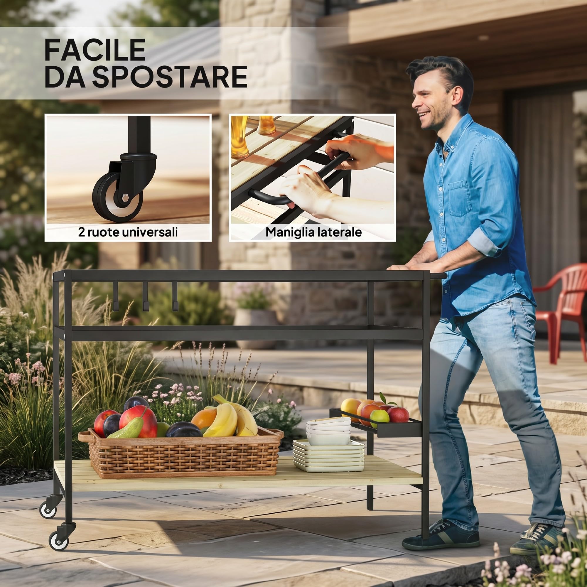 Outsunny Carrello Portavivande da Giardino in Legno di Abete con Ruote, Carrello di Servizio con 2 Ripiani a Doghe, 3 Ganci e Maniglia, 107x65x80 cm Color Legno