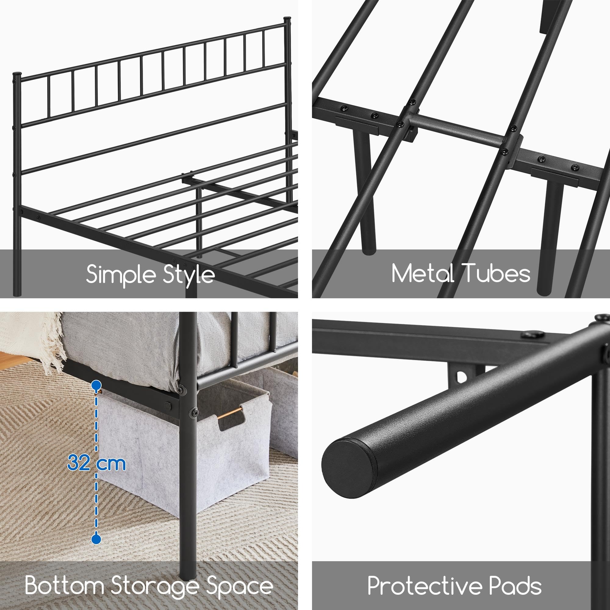 Yaheetech Metallbett 160 x 200 cm Bettrahmen mit Kopfteil Bettgestell aus Metall Gästebett mit Lattenrost für Schlafzimmer Gästezimmer Schwarz