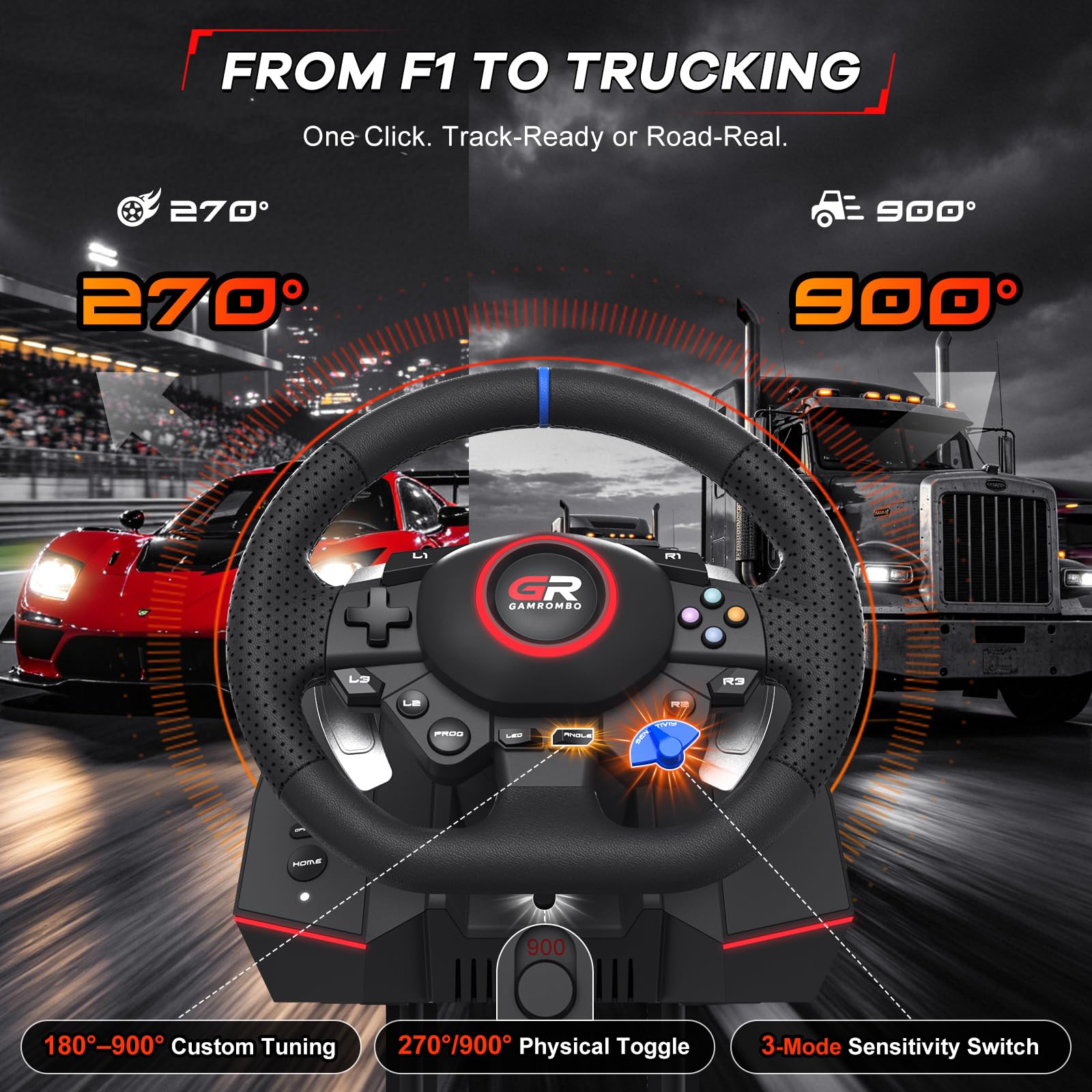 Gamrombo Set di ruote da corsa da 11 pollici per PS5/PS4/PC | con pelle cucita a mano, rotazione di 270°/900°, doppia vibrazione, RGB, Prog Remap, pedale e cambio