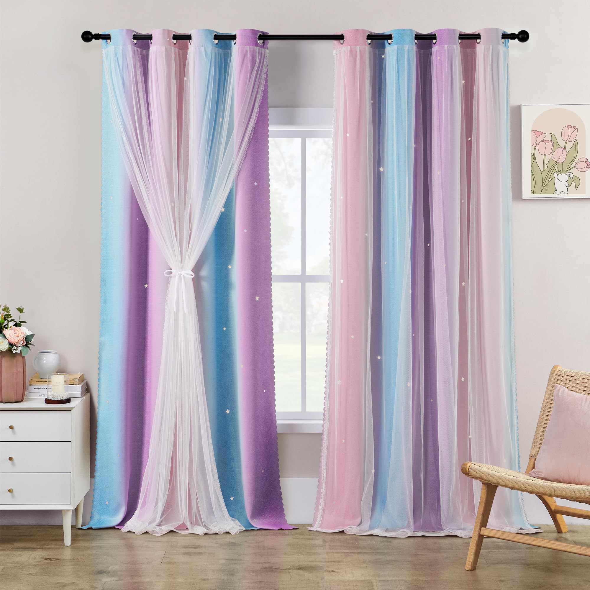 XiDi Curtains for Girls Bedroom Decor 108 Inches Long Colorful Rainbow Blackout Curtains for Kids Princess Nursery Room Unicorn Wall Decor Ombre Grommet Drapes Pink Purple W34 X L108 2 Panels