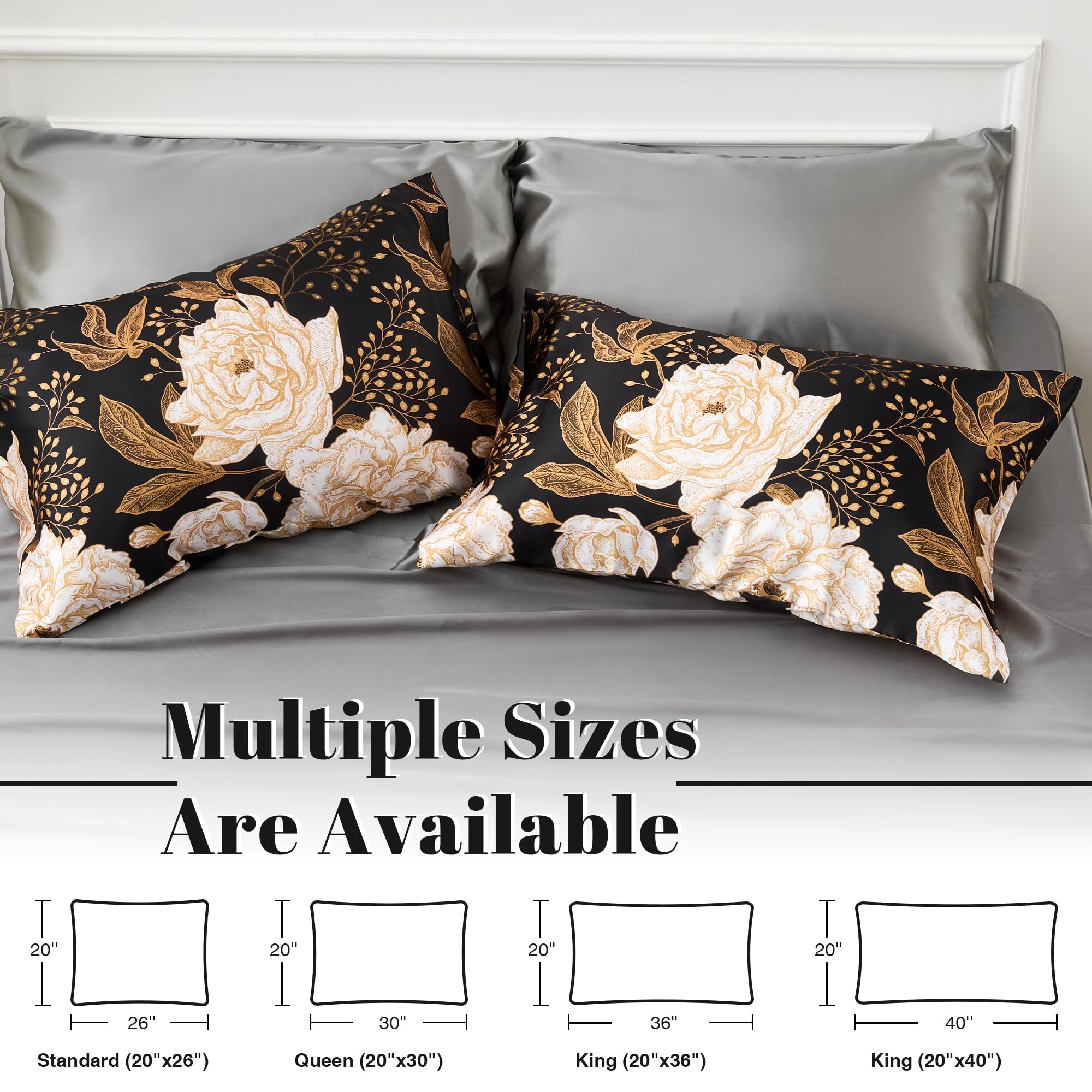 EXQ Home Satin Pillowcase for Hair and Skin Queen - Black Printed Silk Pillow Cases 2 Pack 20x30 inches - Satin Pillow Cases Set of 2 with Envelope Closure, Gifts for Women Men: 05 Vintage Flower Queen(20"x30")