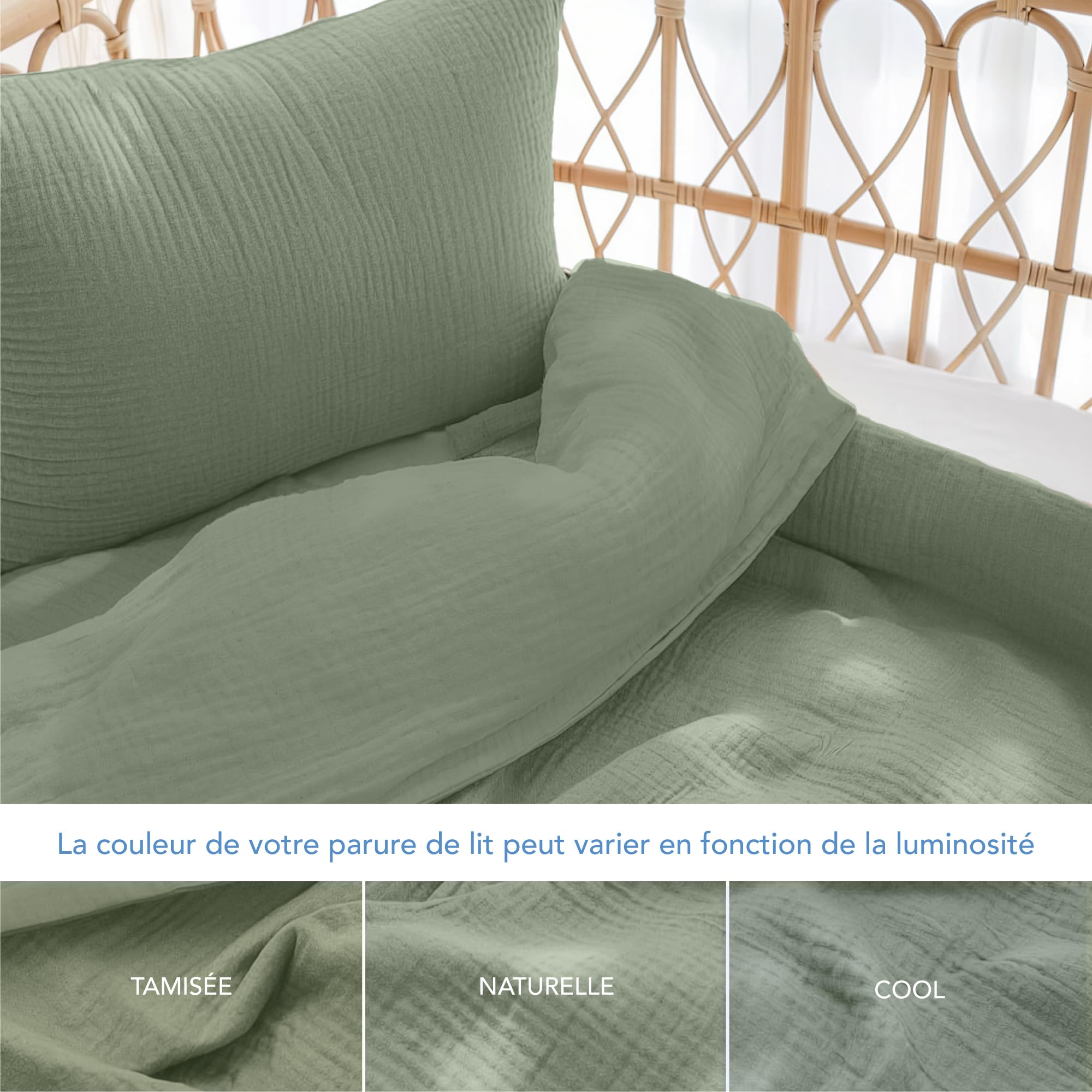 Dreamzie Parure de Lit 100x135 Enfant en 100% Coton - Housse de Couette Gaze de Coton 100x135 cm + Taie d'oreiller 40x60 cm, Certifié Oeko-TEX - Couleur Vert