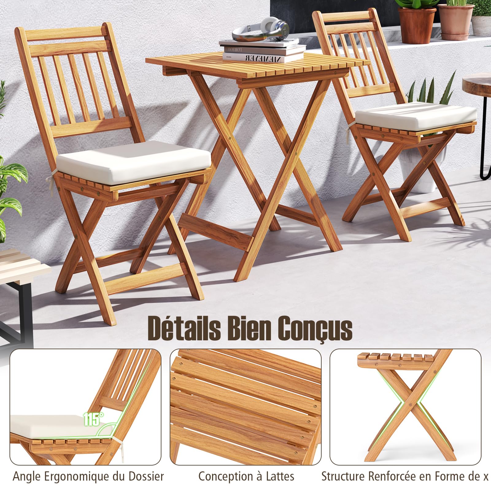 COSTWAY Ensemble de Table et Chaises en Bois d’Acacia 3 Pièces, Comprenant 1 Table et 2 Chaises Pliantes Coussins Rembourrés, Ensemble de Mobilier pour Intérieur et Extérieur (Beige Modèle2)
