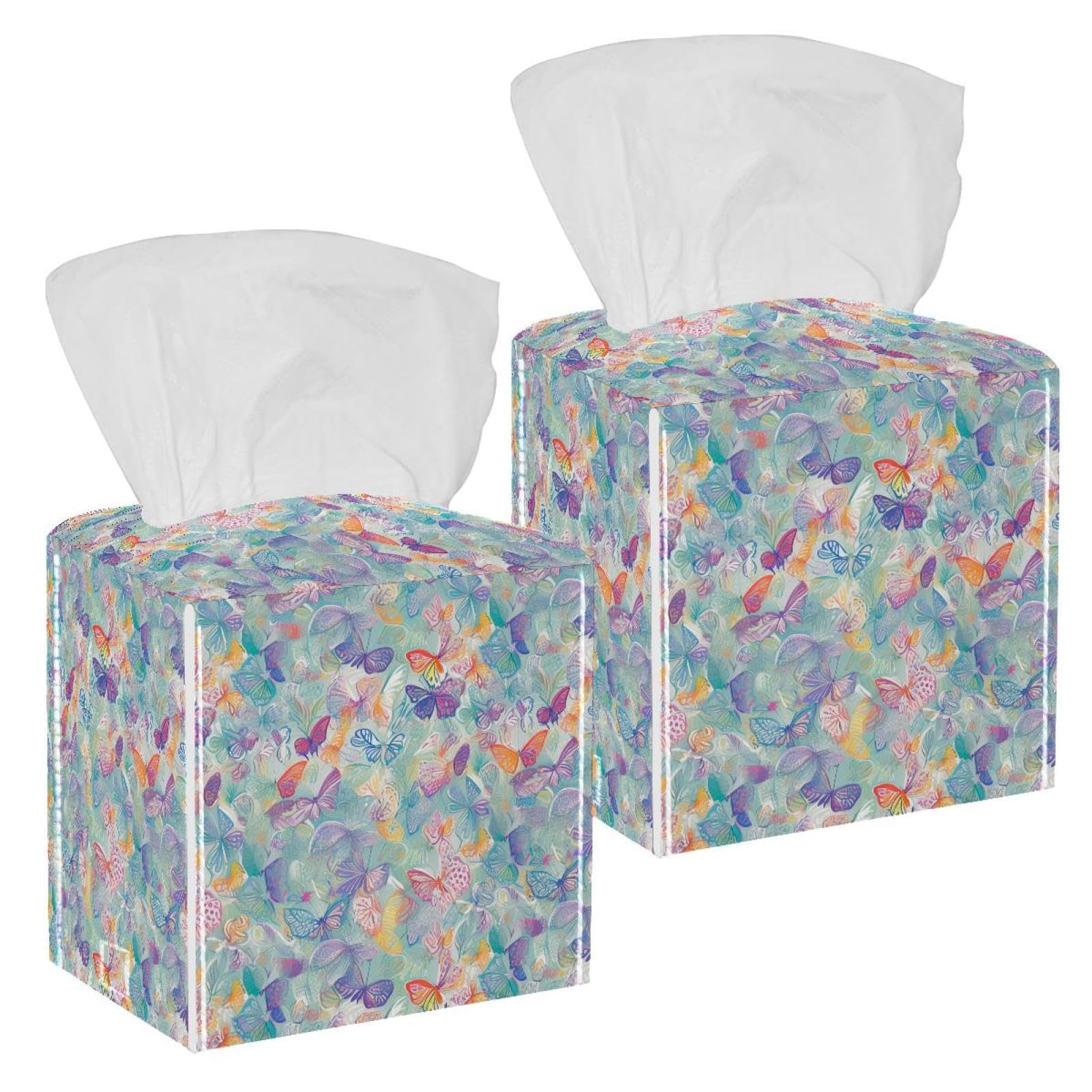 Butterfly Seamless Pattern Tissue Box Cover, 2 Pack PU Leather Square Facial Tissue Dispenser Box holder for Home Office Car