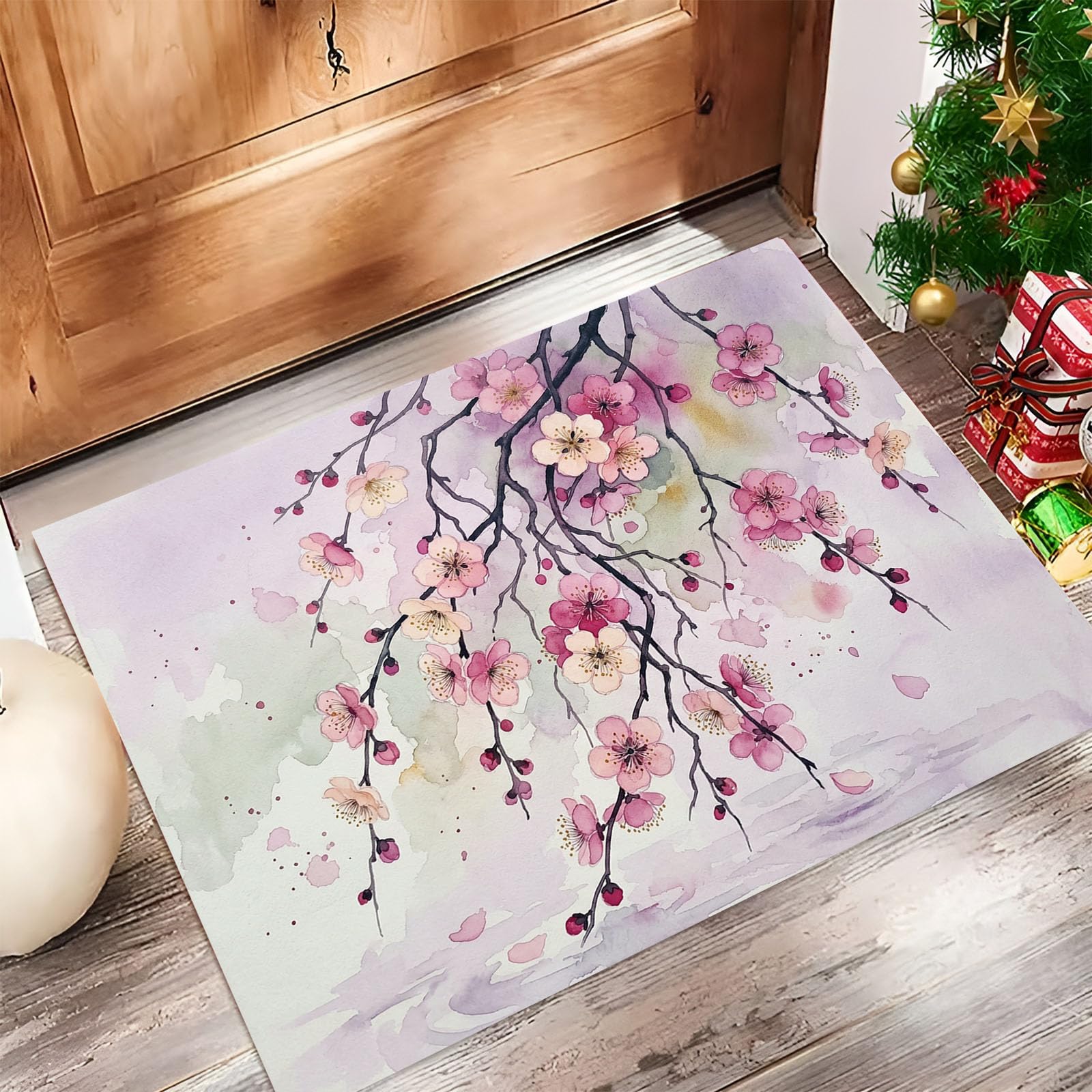 Zerbino Ingresso Interno Fiori Orientali Rami Piangenti, Zerbino Di Benvenuto Lavabile Morbida Piante Semplici Ad Acquerello, Antiscivolo Tappeto Da Decorazioni Rosa Per Casa Porta, 60X90Cm