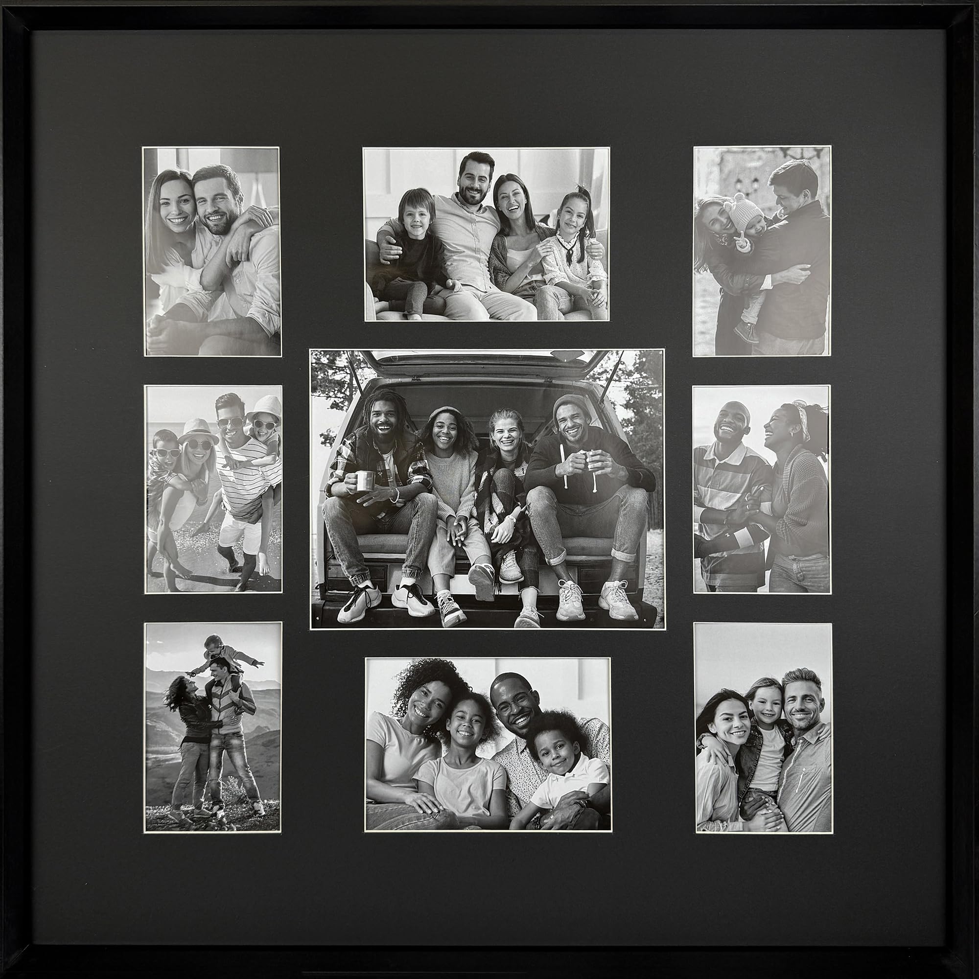 pf+a Large Multi Aperture Picture Frame With Black Mount - Modern collage frame featuring 9 openings suitable for 6 6x4 photos, 2 7x5 photos and 1 10x8 photo