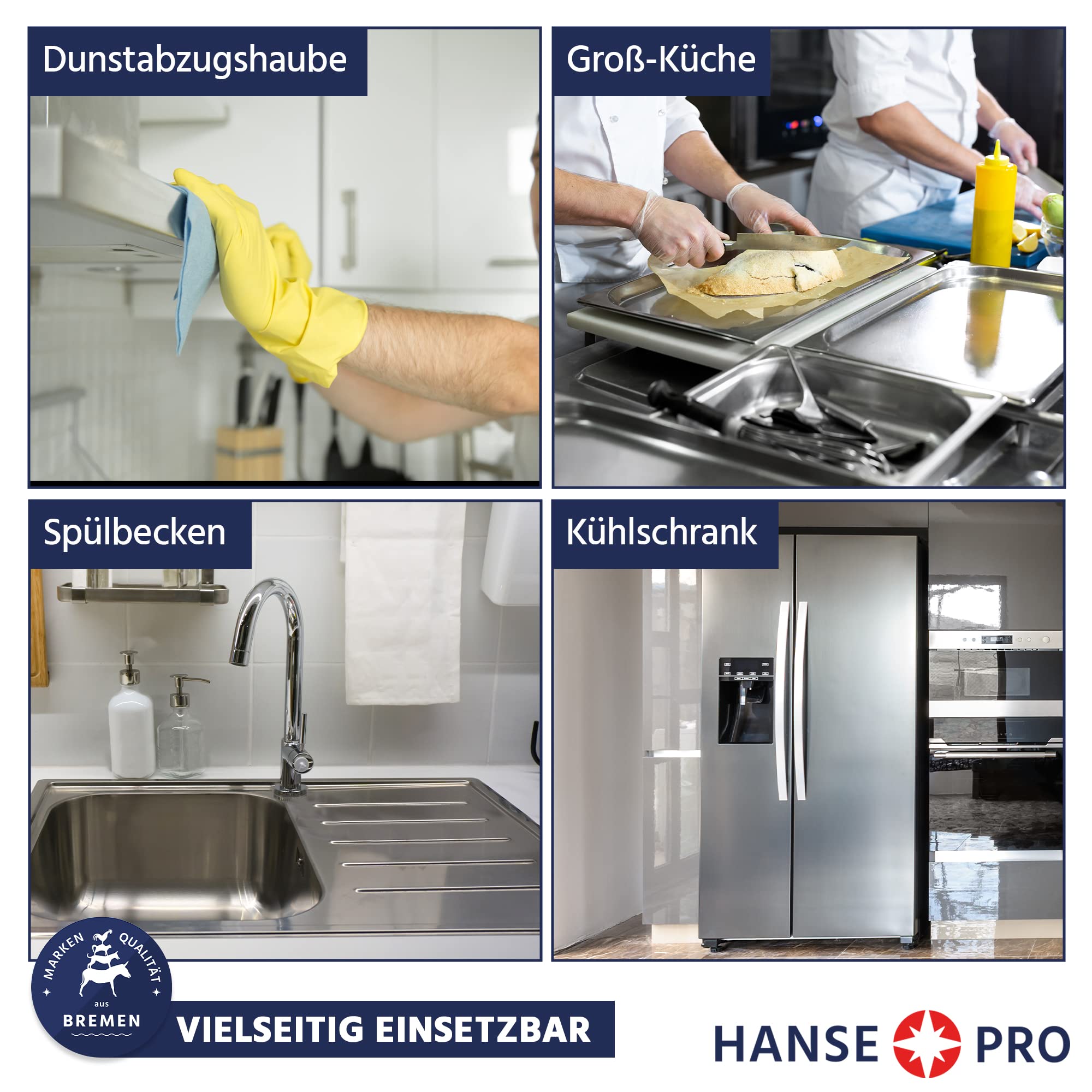 HANSE PRO Edelstahl-Reiniger I Gebrauchsfertig I mit praktischem Abperl-Effekt I Reinigt streifenfrei I ohne Duft- und Farbstoffe I ideal für Küche und Grill (4 x 500 ml)