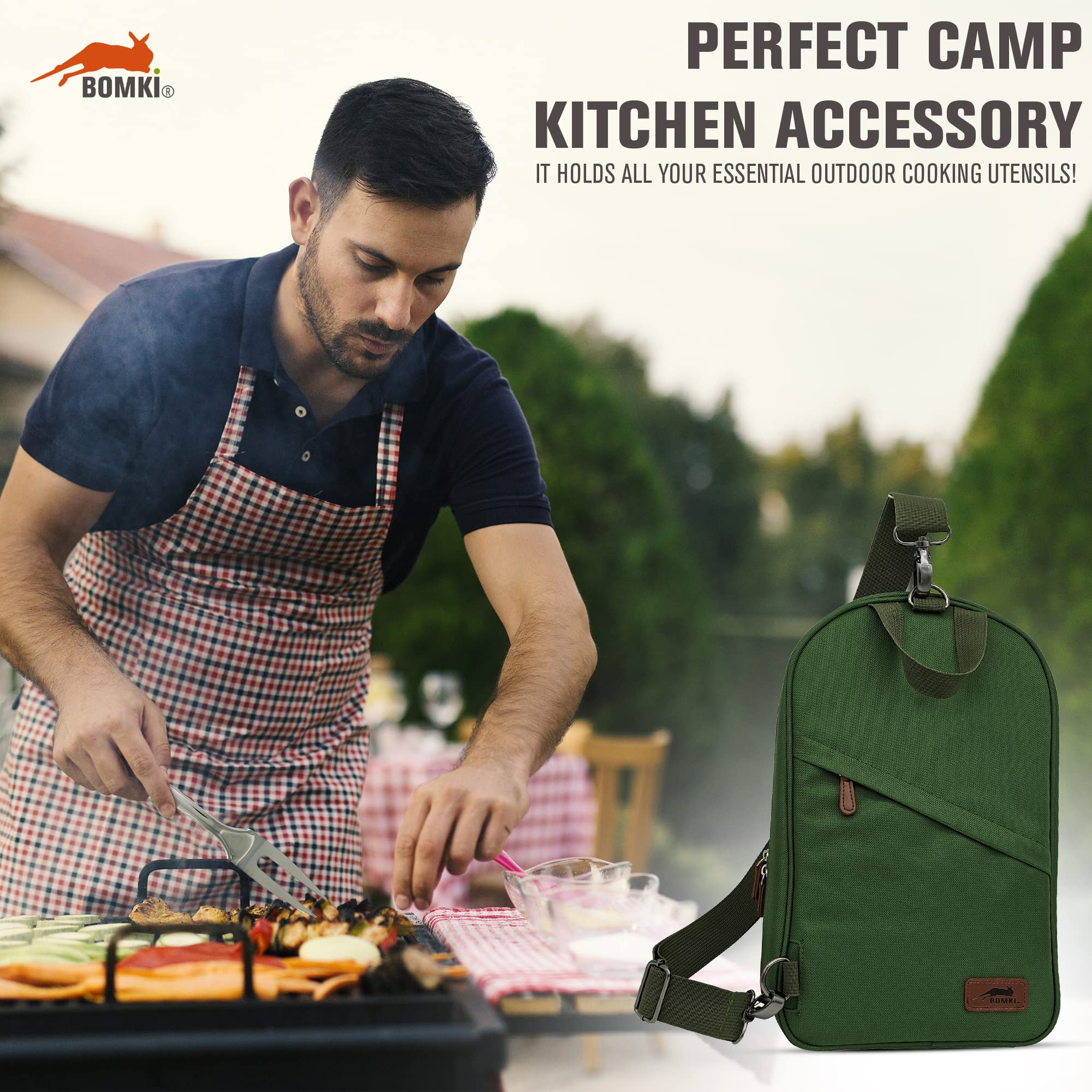 Set di 13 utensili da cucina per grigliare e campeggio, per barbecue all’aperto, in acciaio inox, set da cucina e utensili da cucina, kit di accessori con borsa leggera ed elegante a tracolla (verde)