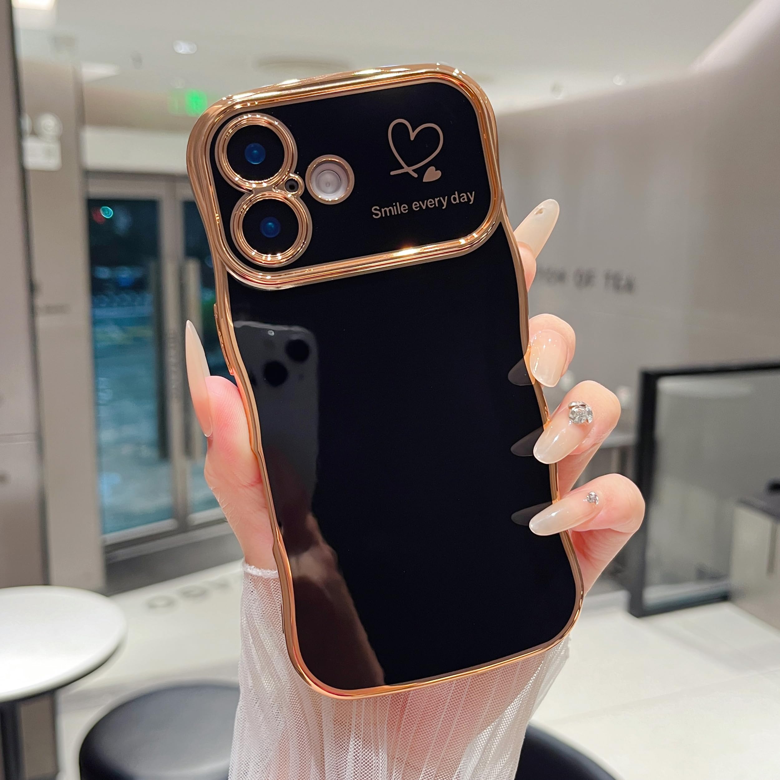 ZTOFERA iPhone 16 用 ハートケース 人気 おしゃれ アイフォン 16 ウェーブ ケース 柔軟な TPU シリコン いphone 16 スマホケース メッキ加工 ソフト 軽量 耐衝撃 韓国 可愛い iphone16 携帯電話カバー ワイヤレス充電対応 (ブラック)