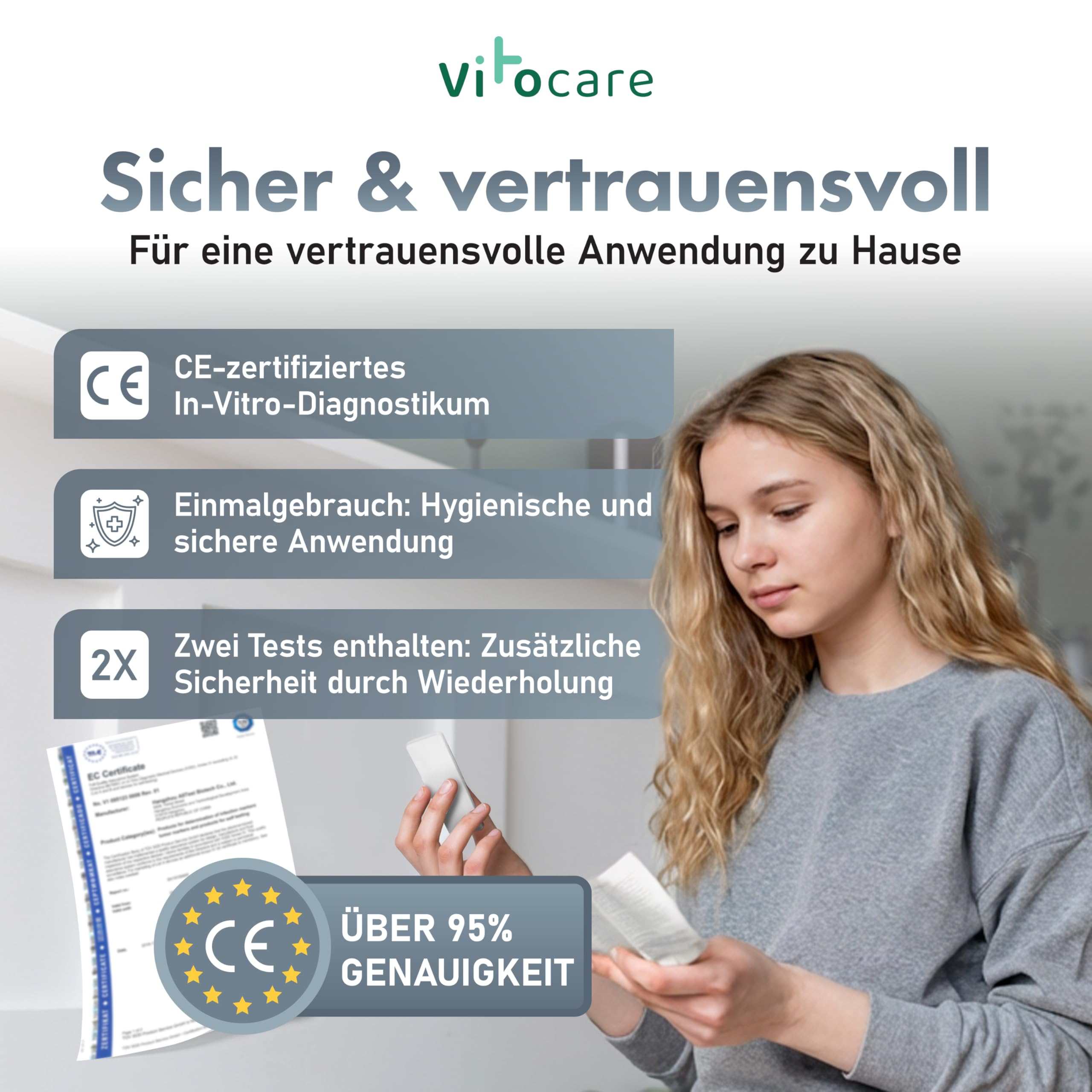 Eisenmangel Selbsttest – 2x Eisen Test für Zuhause, Ferritin Test mit 2 Anwendungen, Eisentest für Zuhause, schnelles Ergebnis, einfache Fingerblut-Anwendung, diskret zuhause - vitocare