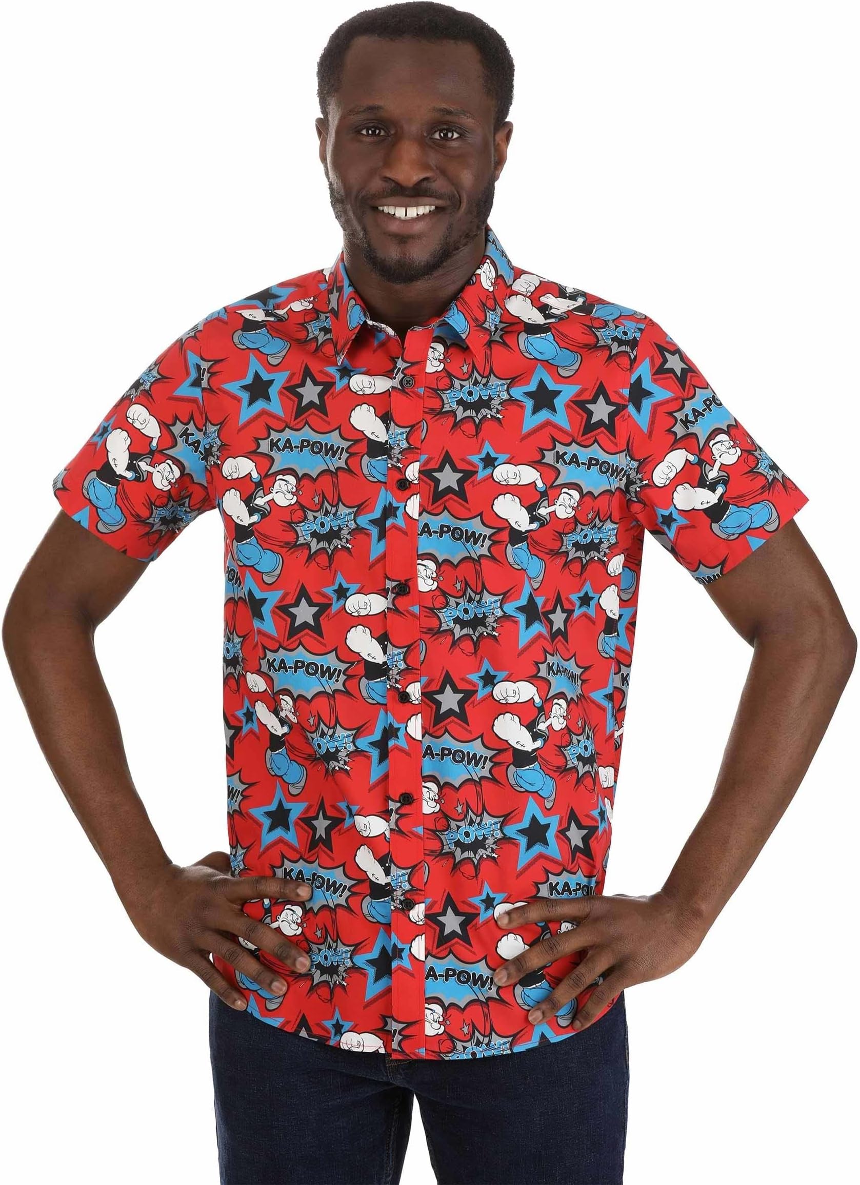 FUN.COMMen's Popeye the Sailor Man Button Up Short Sleeve Collared Shirt - Adult Hawaiian Shirt Short Sleeve Novelty