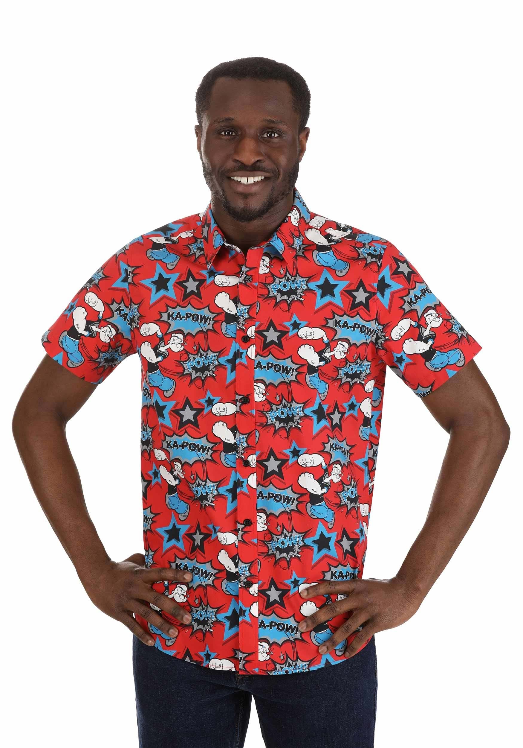 FUN.COMMen's Popeye the Sailor Man Button Up Short Sleeve Collared Shirt - Adult Hawaiian Shirt Short Sleeve Novelty
