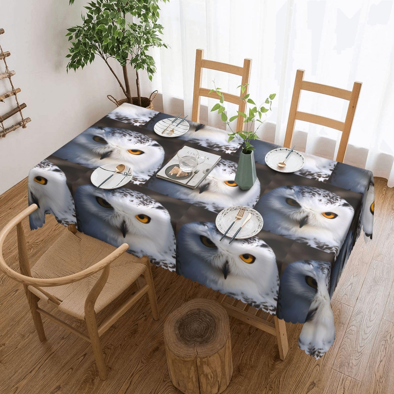 Nappe lavable hibou enneigé antitache 137x183 pour table rectangulaire de cuisine
