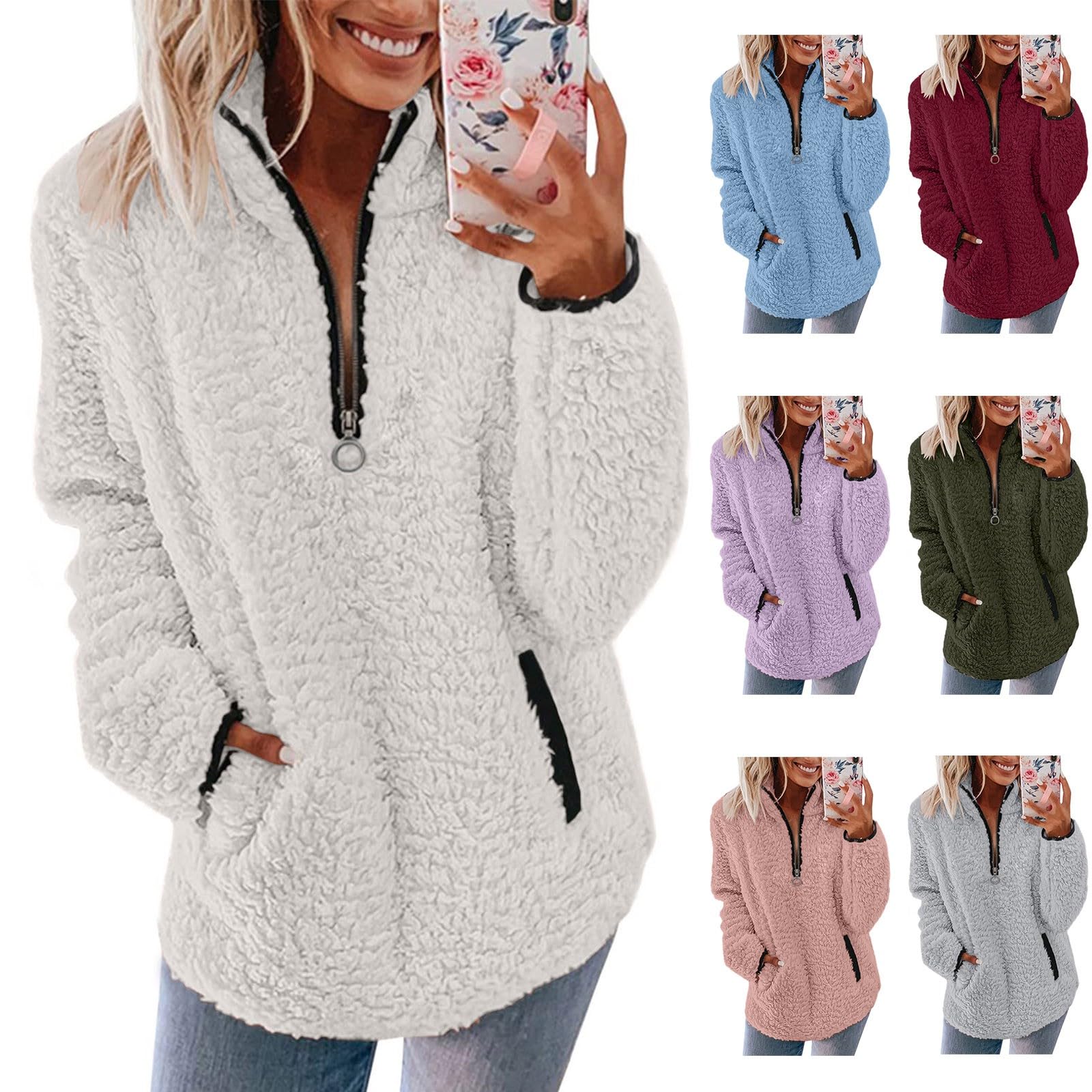 Sudadera de forro polar para mujer, mullida, con bolsillos, sudadera casual con cremallera de 1/4, manga larga, cuello alto, acogedora, para invierno
