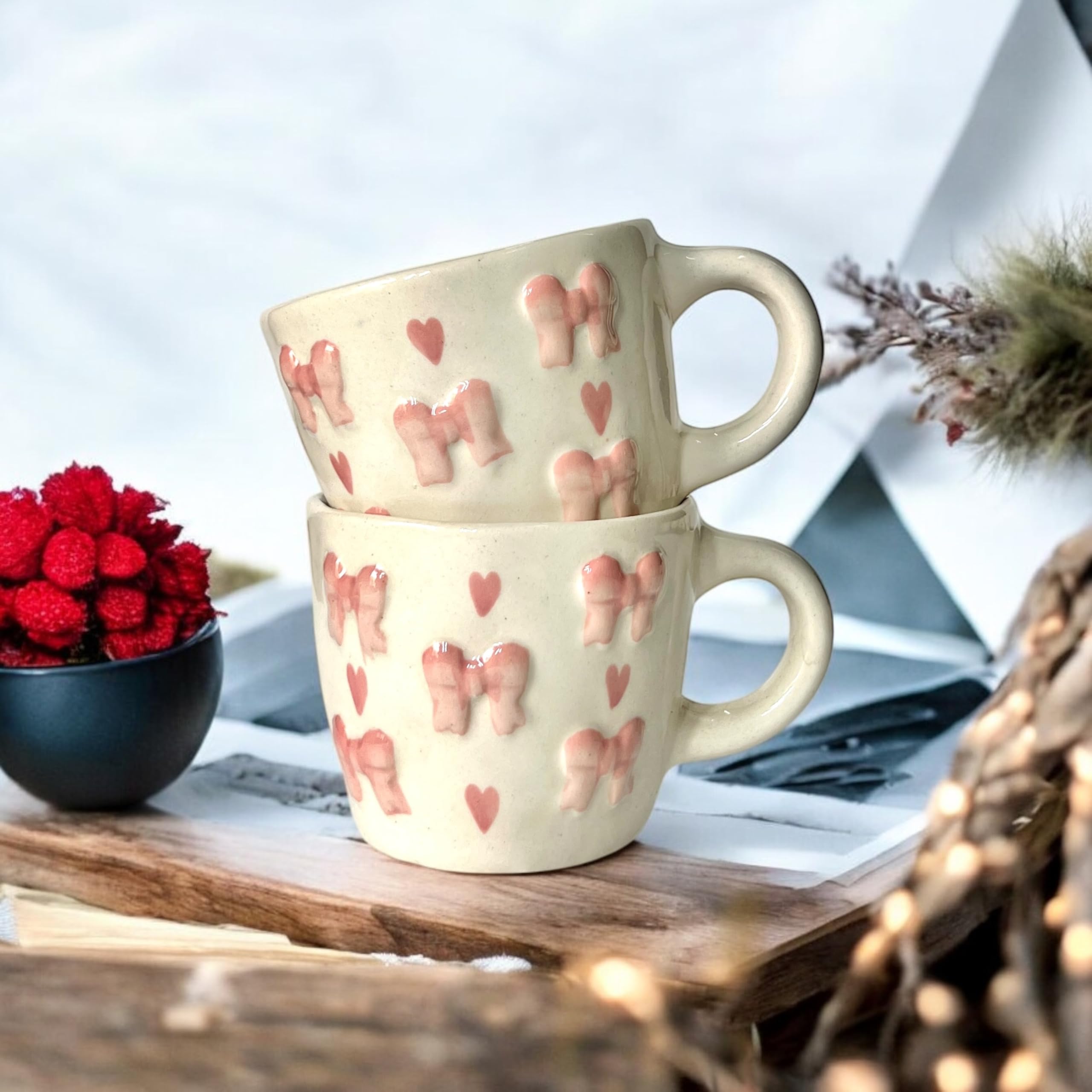 Handcrafted Ceramic Coffee Mugs with Heart Handle -12