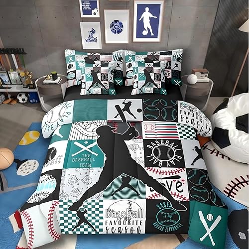 Baseball King Size Comforter Set with Sheets, Geometric Grid Black Patchwork Spo