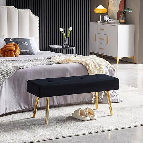 Miniatura 7 de Banco otomano de terciopelo negro, diseño simple, banco de comedor de terciopelo suave copetudo para cocina, banco de entrada tapizado con patas de