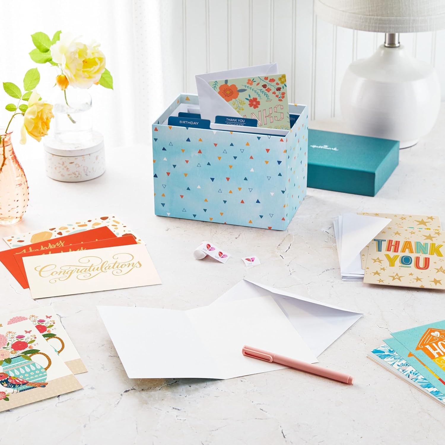 Hallmark Bulk All Occasion Cards, 100-Pack with Organizer (Triangles, Teal) image 2
