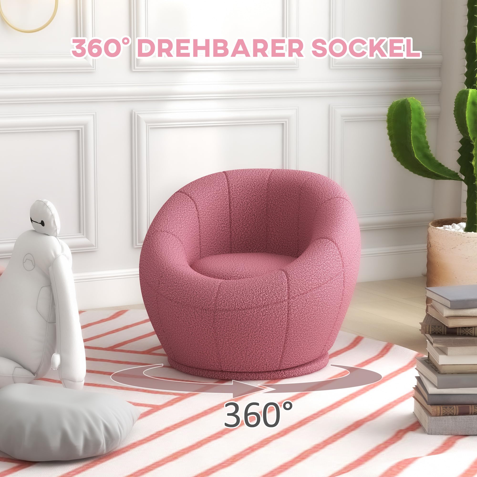 HOMCOM Sessel, Ohrensessel mit Armlehnen, drehbarer Loungesessel, Einzelsofa mit Lammwolle-Optik, Kleiner Polstersessel für Wohnzimmer, Schlafzimmer, Rosa