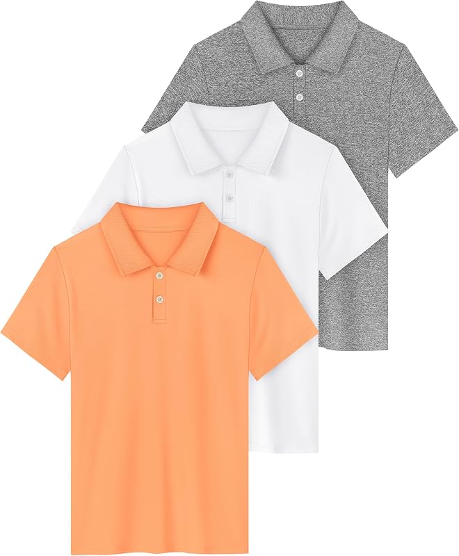 3 Pack Boys Dry-Fit Active Athletic Performance Polo Short Sleeve Golf Shirt Cool Quick Dry Training Workout Shirts