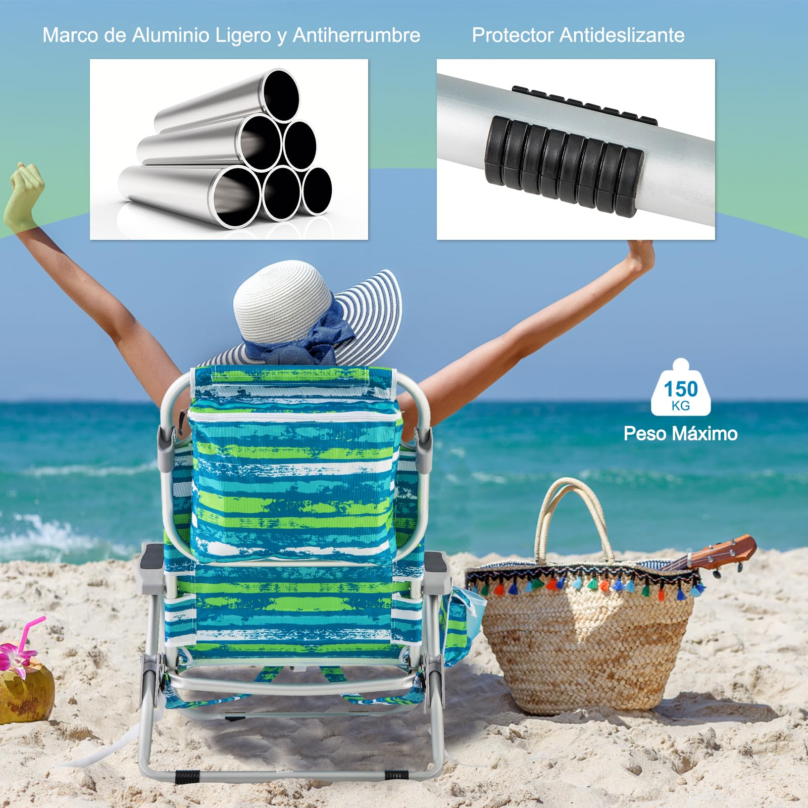 COSTWAY Silla Plegable de Playa, Tumbona con 5 Posiciones, Portavasos, Bolsillos de Almacenamiento, Correas de Hombro, Soporte para Toallas, Almohada, 150kg (Verde+Azul,1)