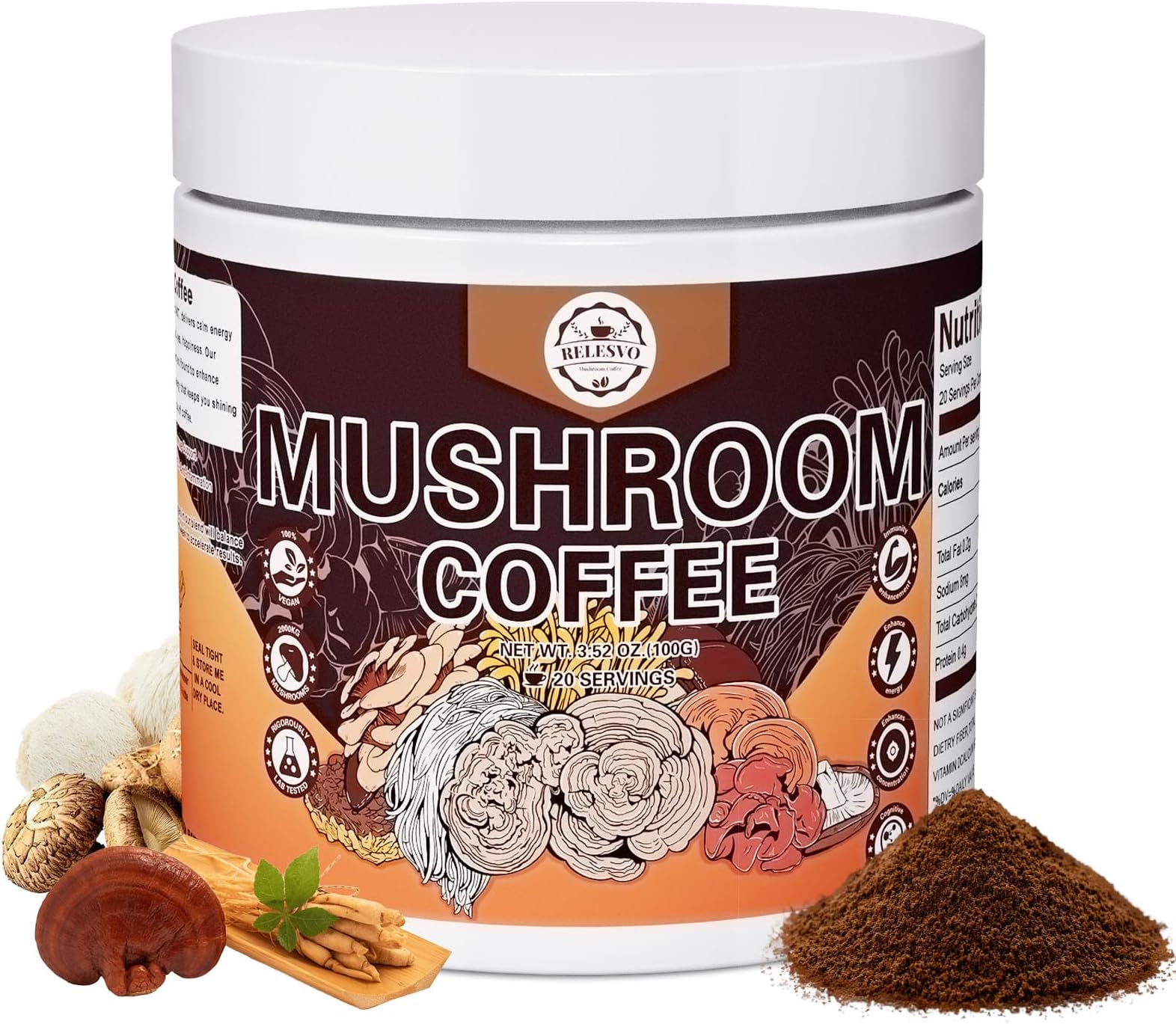 Mushroom Coffee, Instant Mushroom Coffee Mushroom Powder Blend (20 Servings) with Cordyceps, Reishi, Lion's Mane, Shiitake, King Trumpet, Mushroom Supplement for Energy, Focus, Immune Support